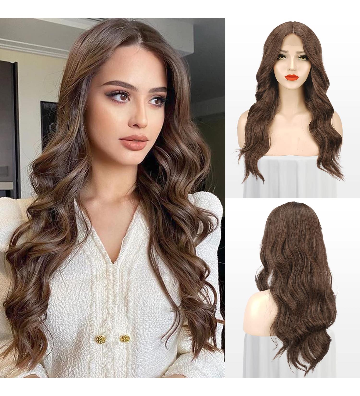 Feshfen Long Wavy Brown Lace Front Wig - 65cm Synthetic Hair for Women | Natural Wavy Middle Parting - Buy Online on GoSupps.com