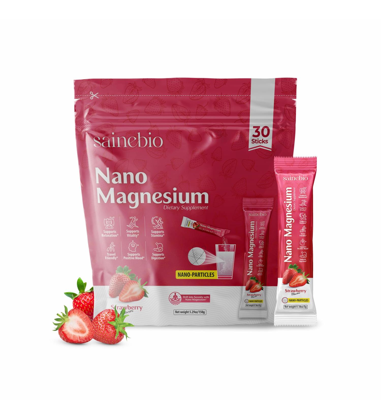 Sainebio Nano Magnesium Powder Strawberry Flavor | 30 Sachets 300mg High Absorption Magnesium | Relaxation Vitality Stamina Digestion & Hydration Support (30 Sachet Strawberry) - Buy Online on GoSupps.com