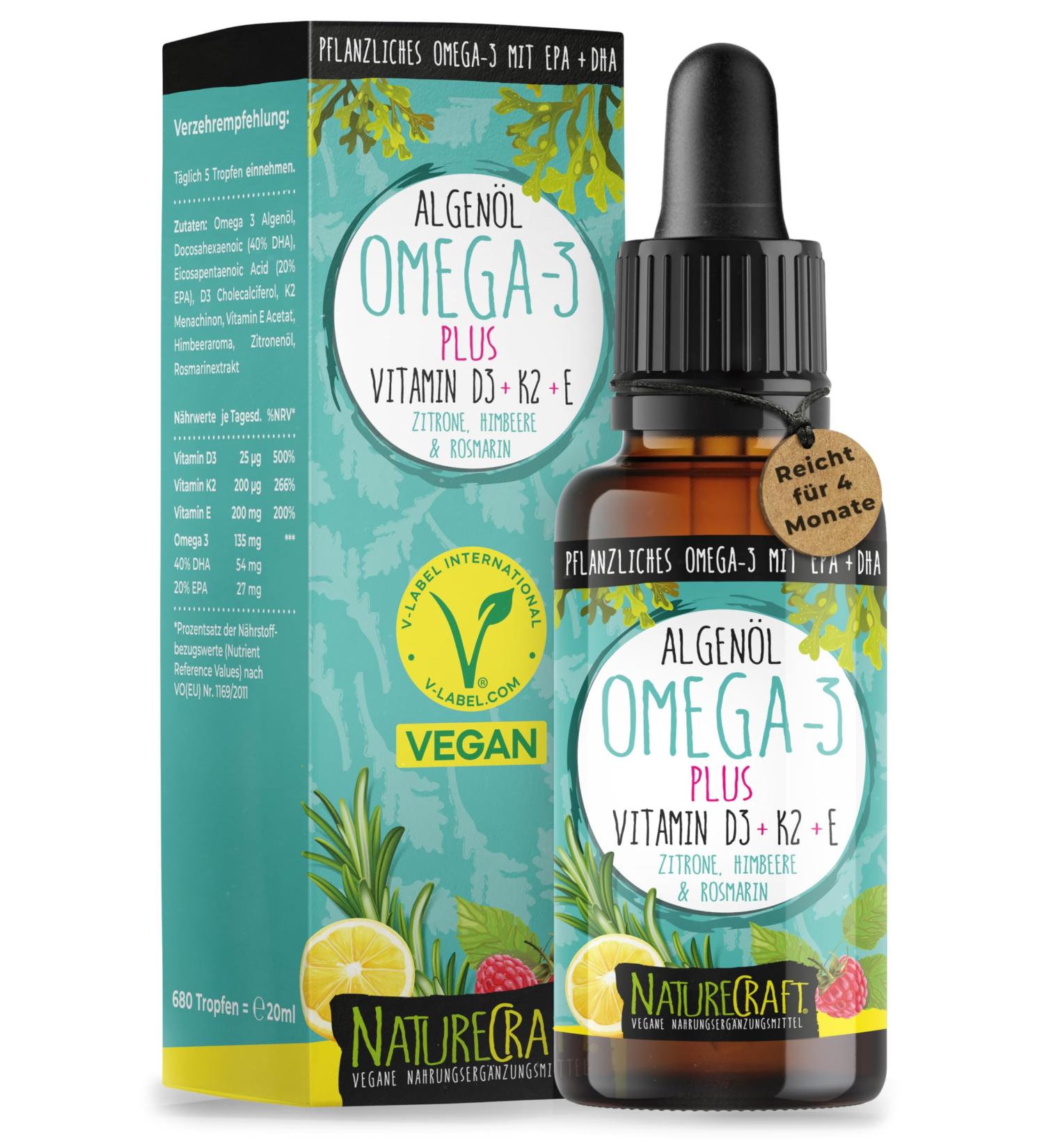 Omega-3 Algae Oil PLUS | 40% DHA 20% EPA Vitamin D3 + K2 + E | Vegan Supplement with Lemon & Rosemary Extract | 20ml (4 Month Supply) - Buy Online on GoSupps.com