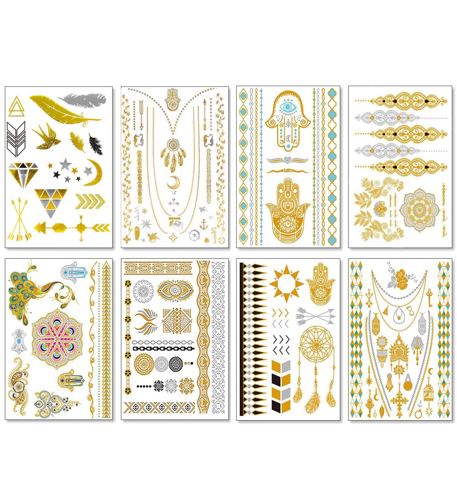 Boho Metallic Temporary Tattoos for Women - 80+ Gold & Silver Shimmer Designs | Waterproof Fake Tattoo Stickers for Henna Body Art (8 Sheets) - Buy Online on GoSupps.com