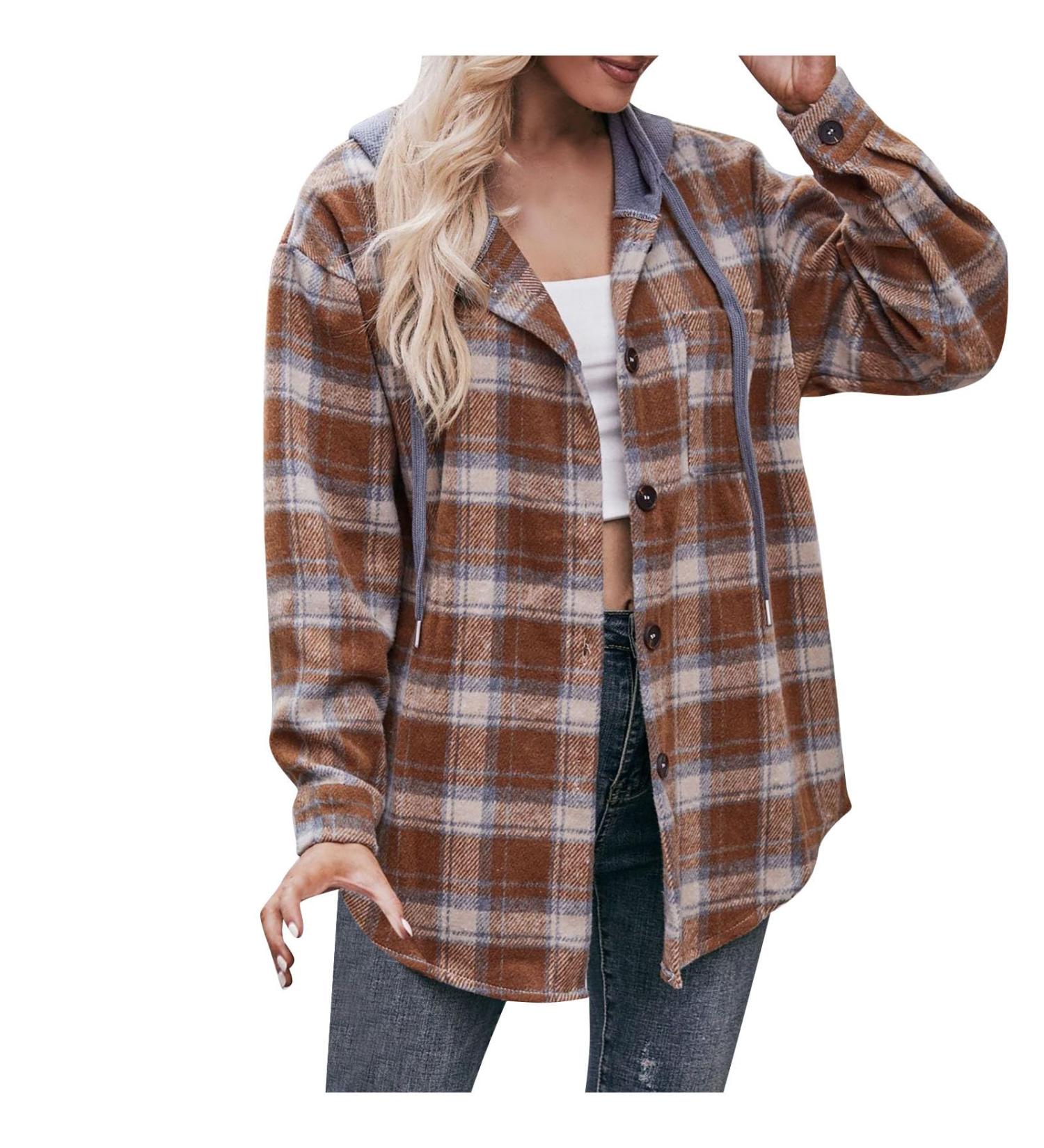 Plaid Hooded Shacket Womens Long Sleeve Plaid Hooded Shirts Flannel Button Down Shacket Drawstring Plaid Jacket Brown#56 Small - Buy Online on GoSupps.com