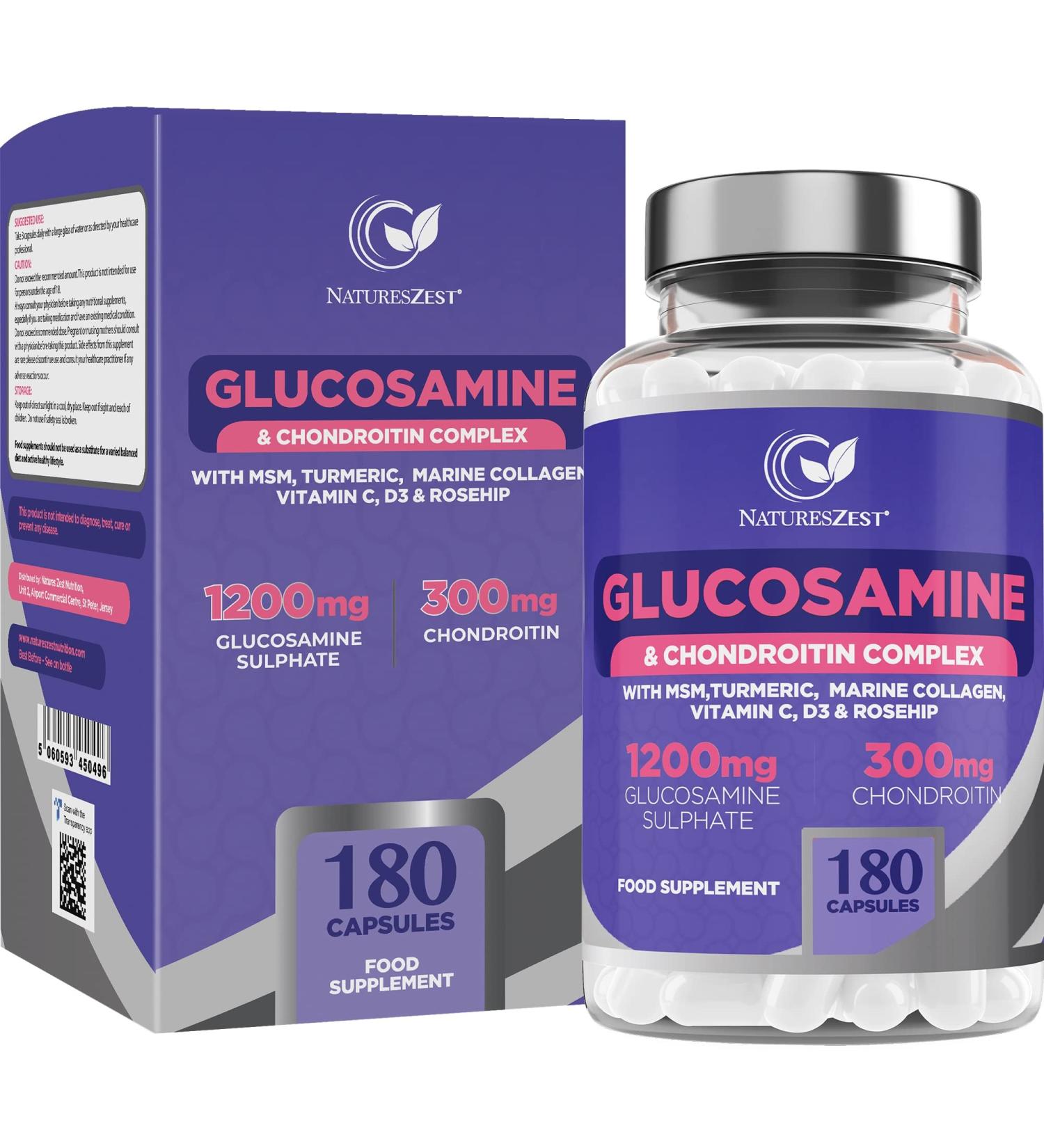 High Strength Glucosamine & Chondroitin Capsules with MSM - 180 Capsules with Vitamin C, Rosehip, Turmeric, Curcumin & Marine Collagen | UK Made by Natures Zest - Buy Online on GoSupps.com