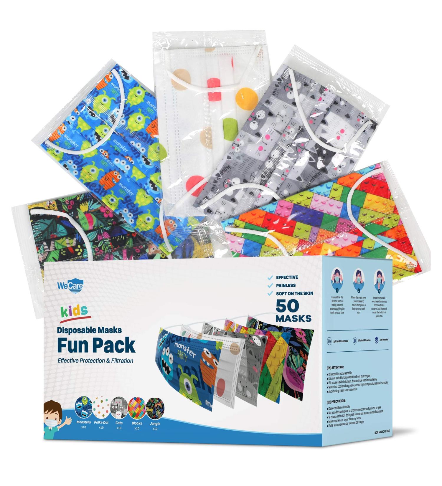 WECARE Disposable Kids Face Masks - 50 Print Masks, Individually Wrapped - Fun Pack for School & Travel - Buy Online on GoSupps.com