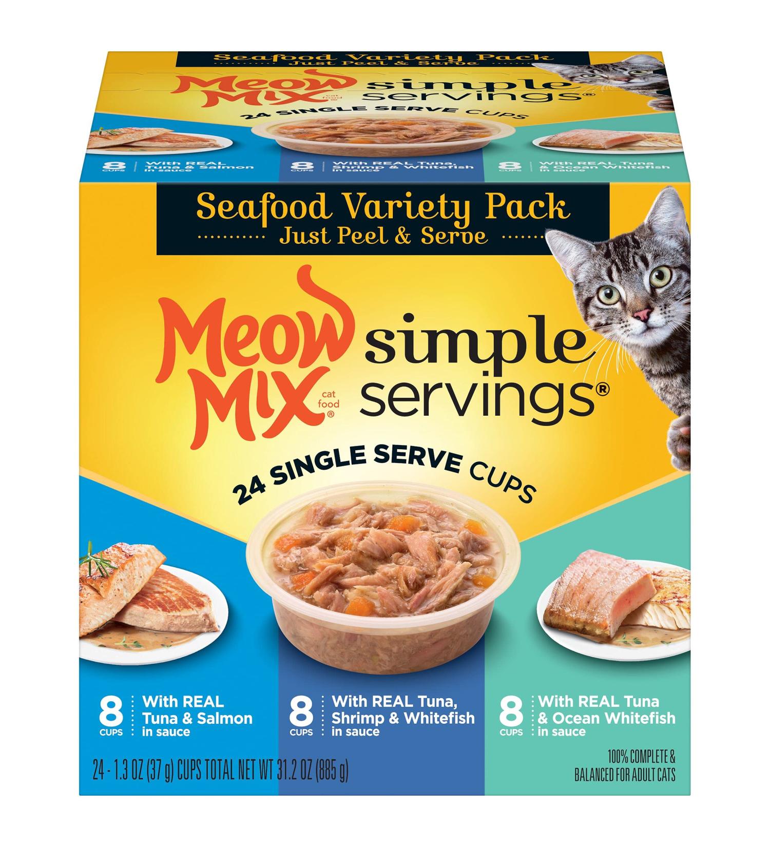 Meow Mix Simple Servings Seafood Wet Cat Food Variety Pack - 1.3oz Cups (Pack of 24) - Buy Online on GoSupps.com