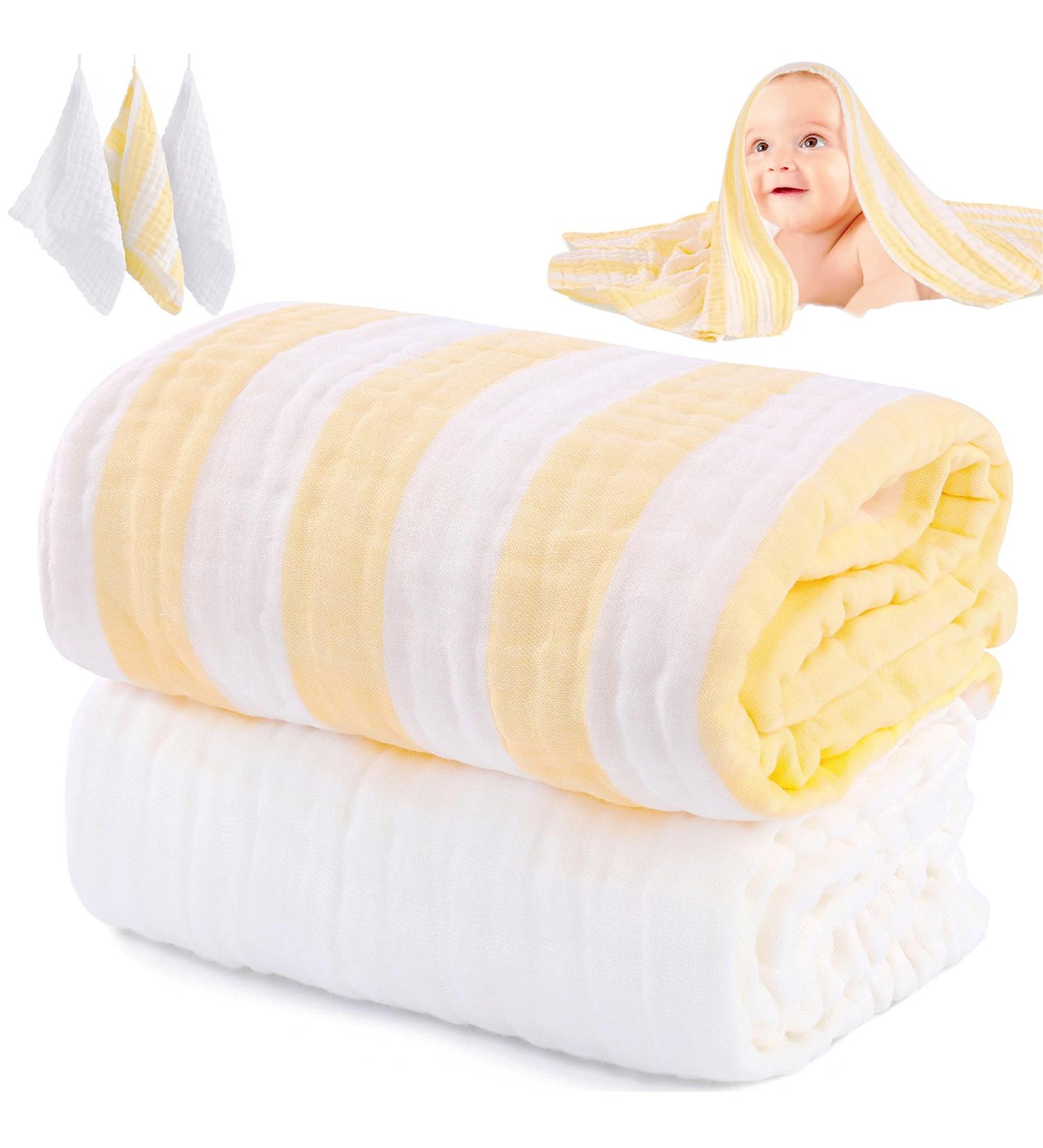 HardNok Muslin Baby Bath Towel Set - Super Soft 6 Layer Muslin Cotton - 2 Large Towels, 3 Washcloths - Yellow (Amsicotion) - Buy Online on GoSupps.com