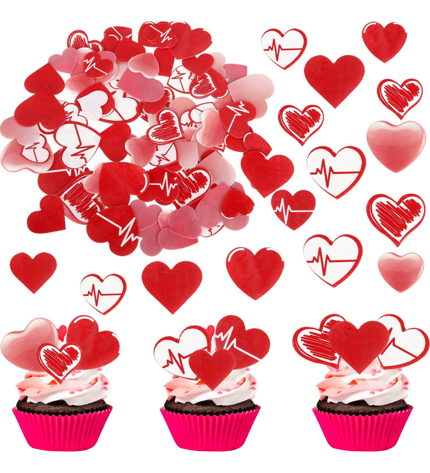 SYKYCTCY 80 Pack Edible Valentines Day Cupcake Toppers Red and Pink Sweet Love Heart Cupcake Picks Happy Valentine's Day Cake Decorations for Valentine's Day Theme Party Supplies Pattern-10
