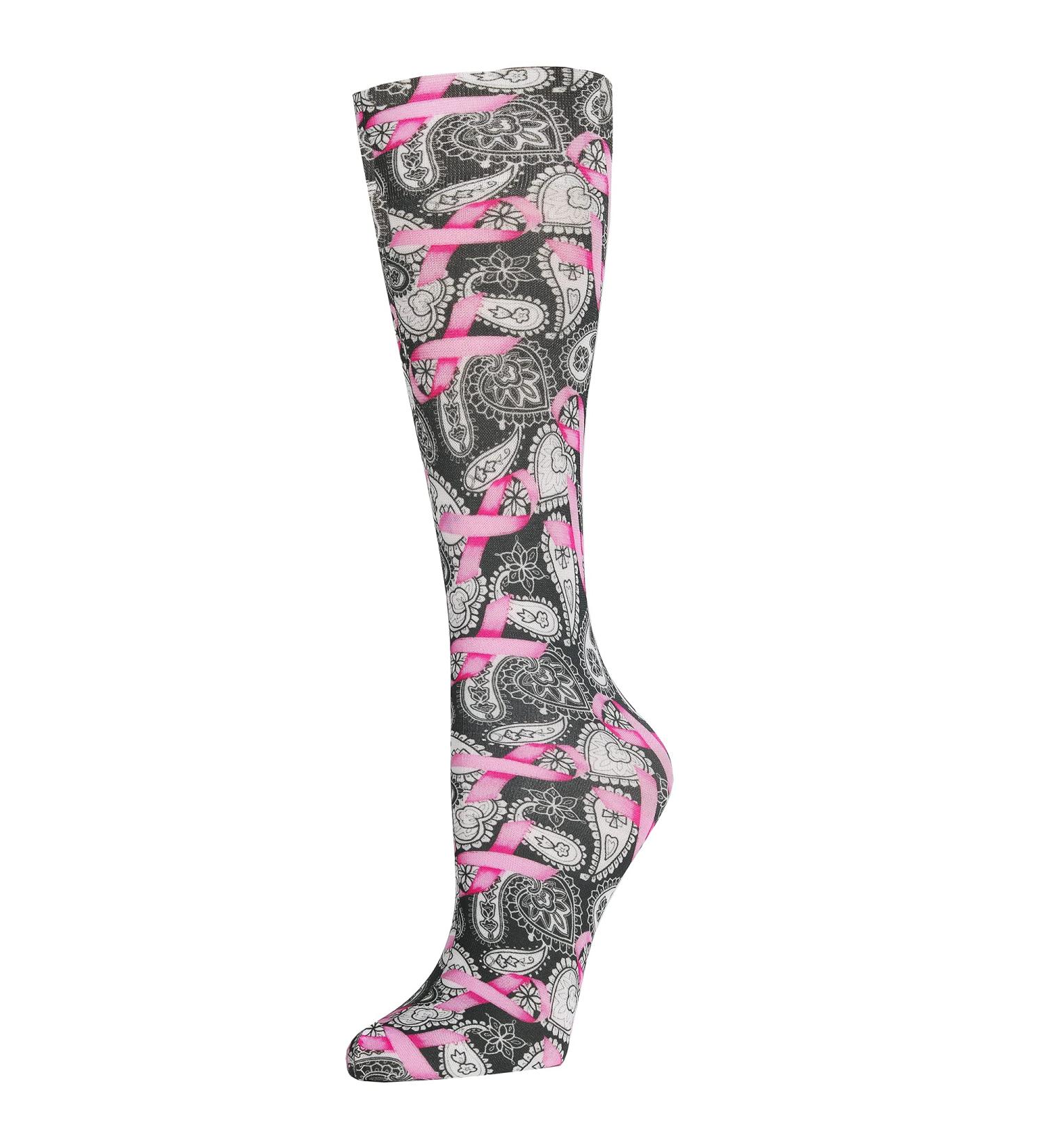 Celeste Stein Therapeutic Graduated Compression Socks Black and Pink Michelle's Ribbons 8-15 mmHg Regular Calf