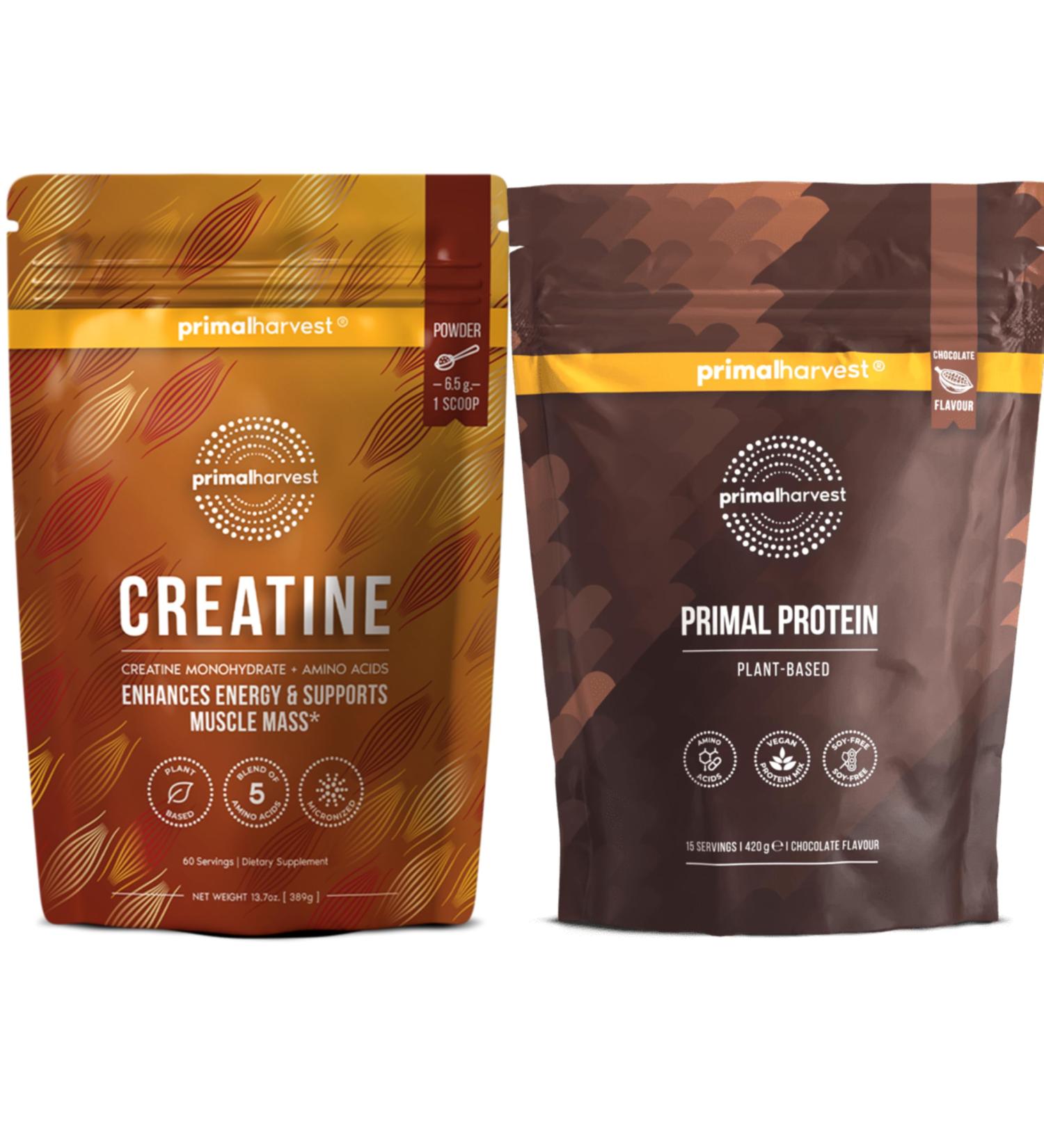 Primal Creatine Powder + Primal Protein Vegan Powder Bundle | 2-Pack | Build Muscle Enhance Recovery & Fuel Performance | 30 Servings Each - Buy Online on GoSupps.com