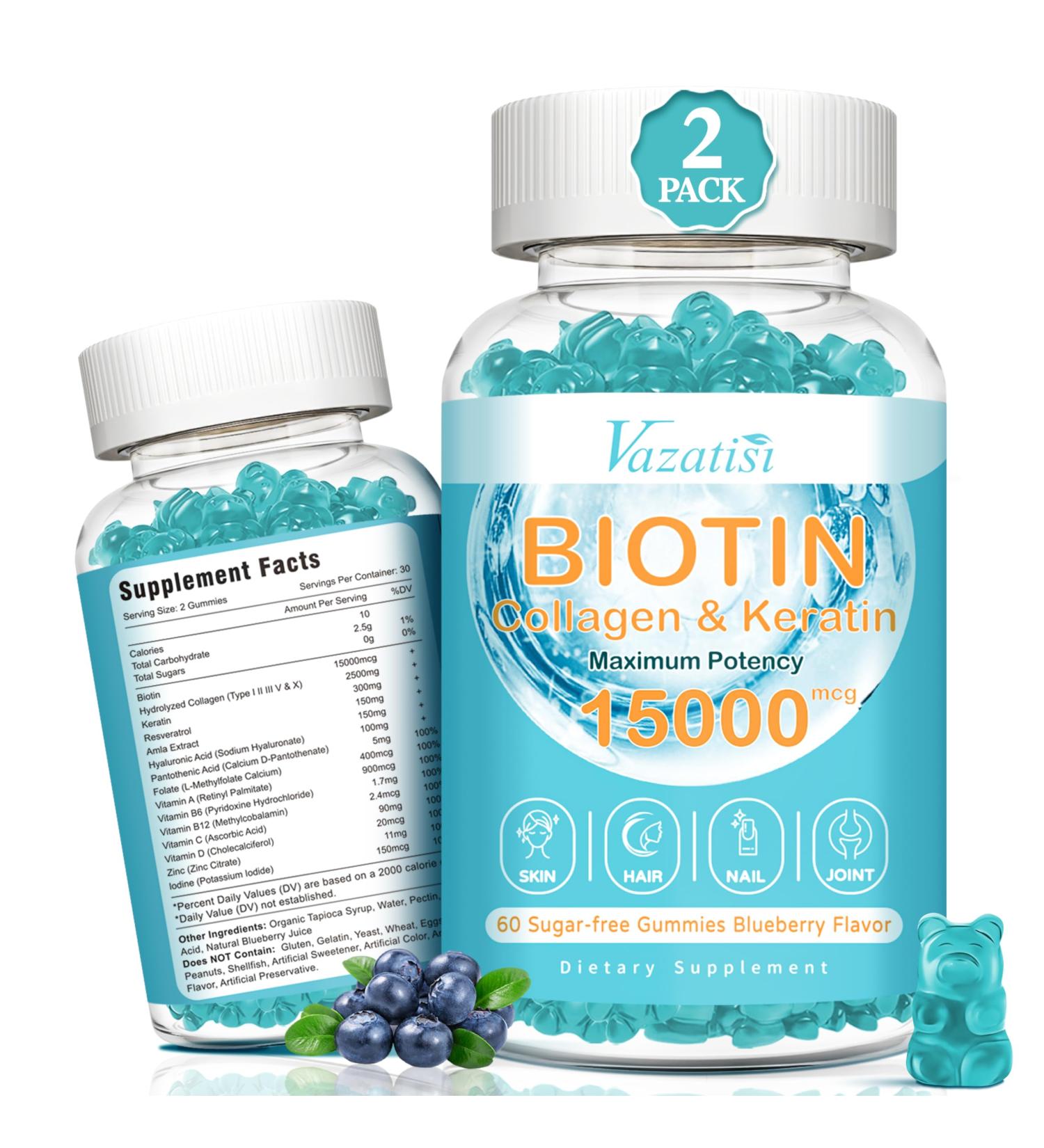 Biotin with Collagen Gummies Hair Skin and Nails Vitamins Gummies for Hair Growth Glowing Skin & Strong Nails - Blueberry Flavor Sugar Free 120 Count 60 Count (Pack of 2) - Buy Online on GoSupps.com