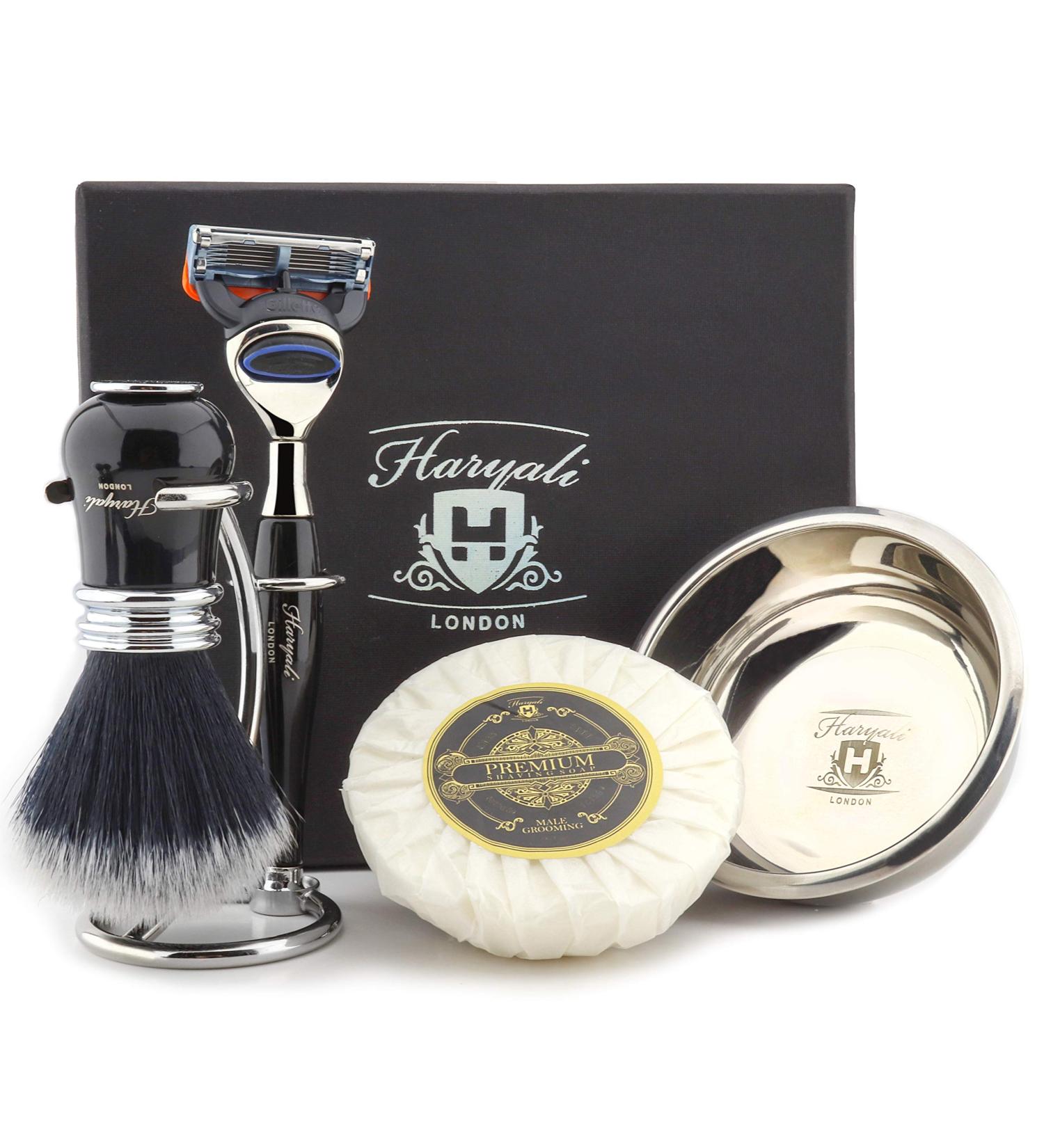 Haryali London Men's 5-Piece Shaving Set - Black Synthetic Brush Stand Bowl & Soap | Premium International Shipping - Buy Online on GoSupps.com