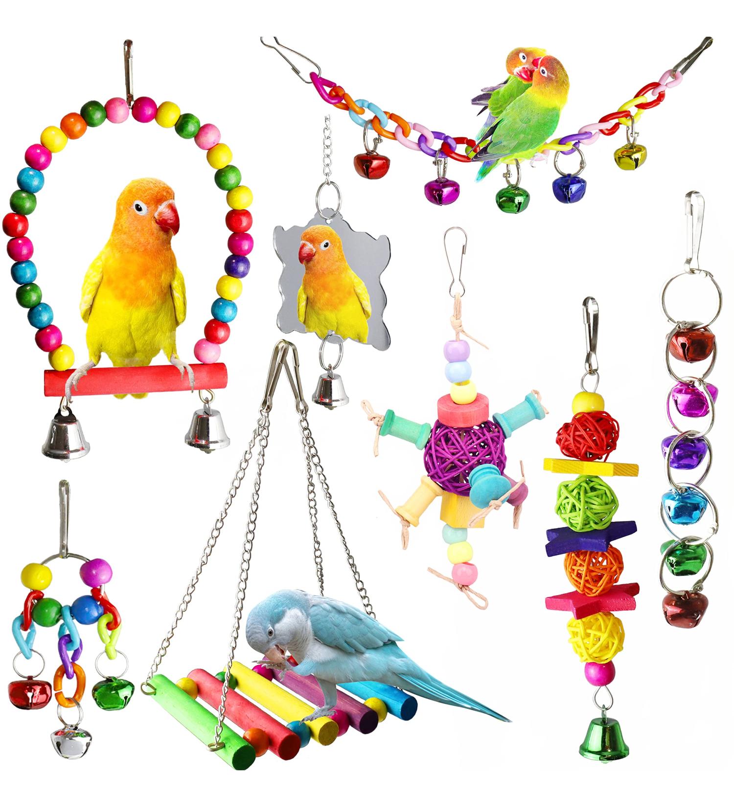 ESRISE 8 Pcs Bird Toys - Hanging Bell, Hammock, Swing, Wooden Perch - for Parakeets, Cockatiels, Budgerigars, Conures, Lovebirds, Finches, Mynahs - Buy Online on GoSupps.com