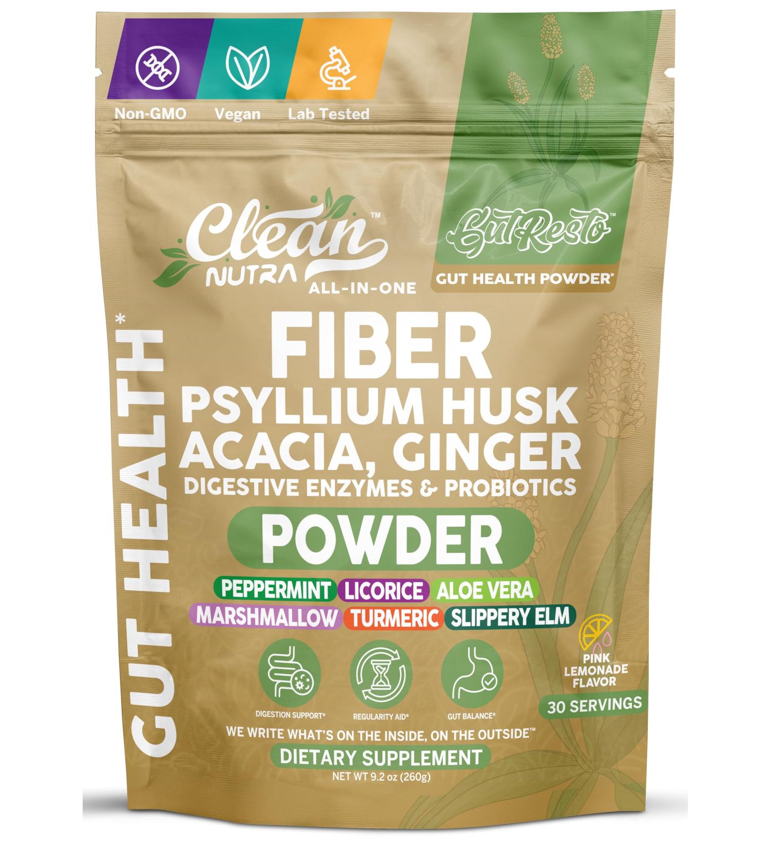 GutResto Fiber Supplement Psyllium Husk Powder Ginger Digestive Enzymes Probiotic Peppermint Licorice Aloe Vera Marshmallow Root Turmeric Supplement Slippery Elm Gut Health Prebiotics by Clean Nutra - Buy Online on GoSupps.com
