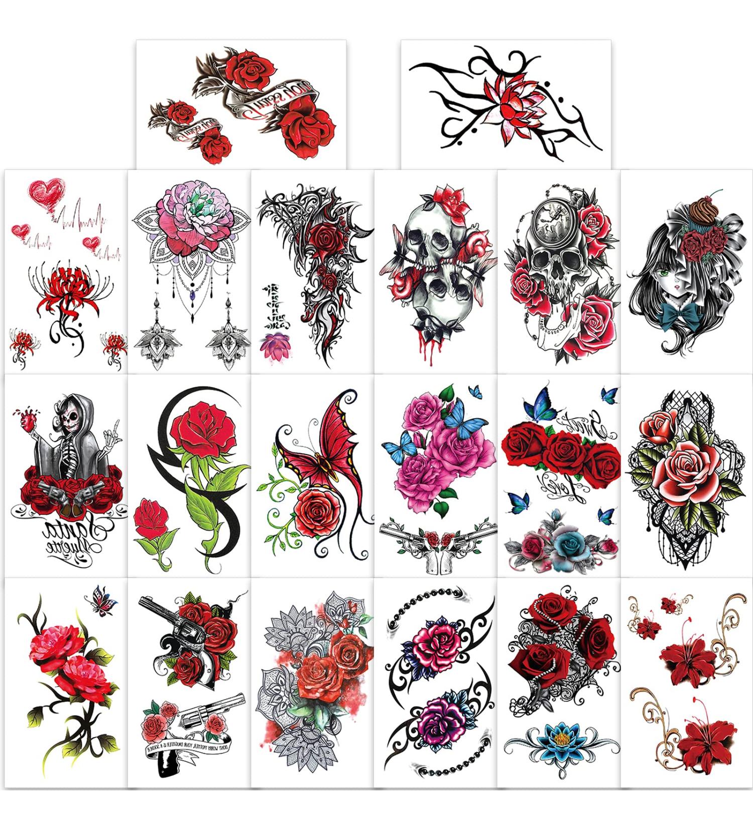 Qpout 20 Sheets Flower Temporary Tattoos for Women - Realistic Half Sleeve Rose Skull Butterfly Fake Tattoos Stickers for Adults & Girls - Buy Online on GoSupps.com