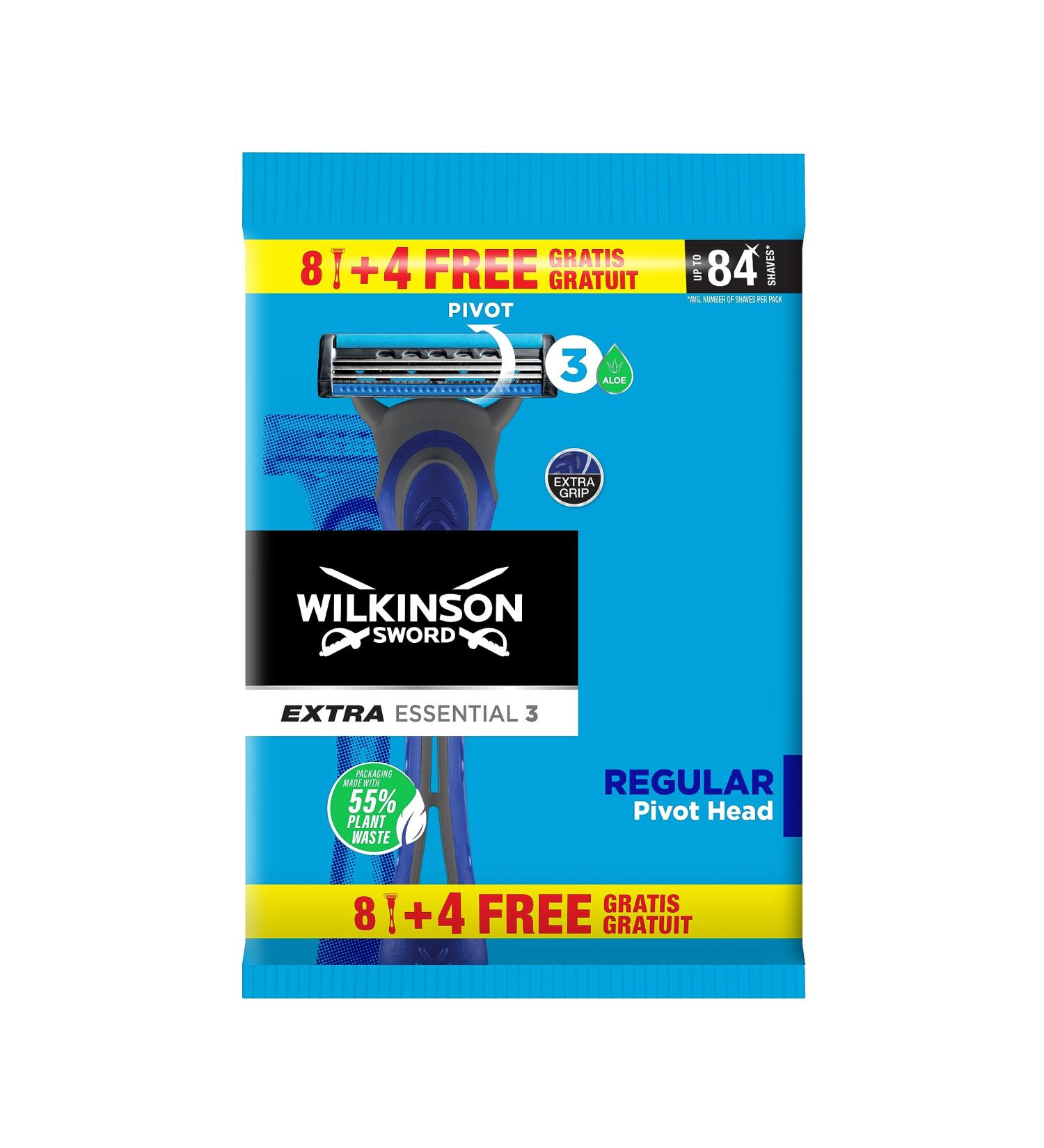 Wilkinson Sword Extra 3 Essential disposable razors with slide strips made of aloe vera ideal for the care and smoothness of the face 12 pieces (1 Pack)
