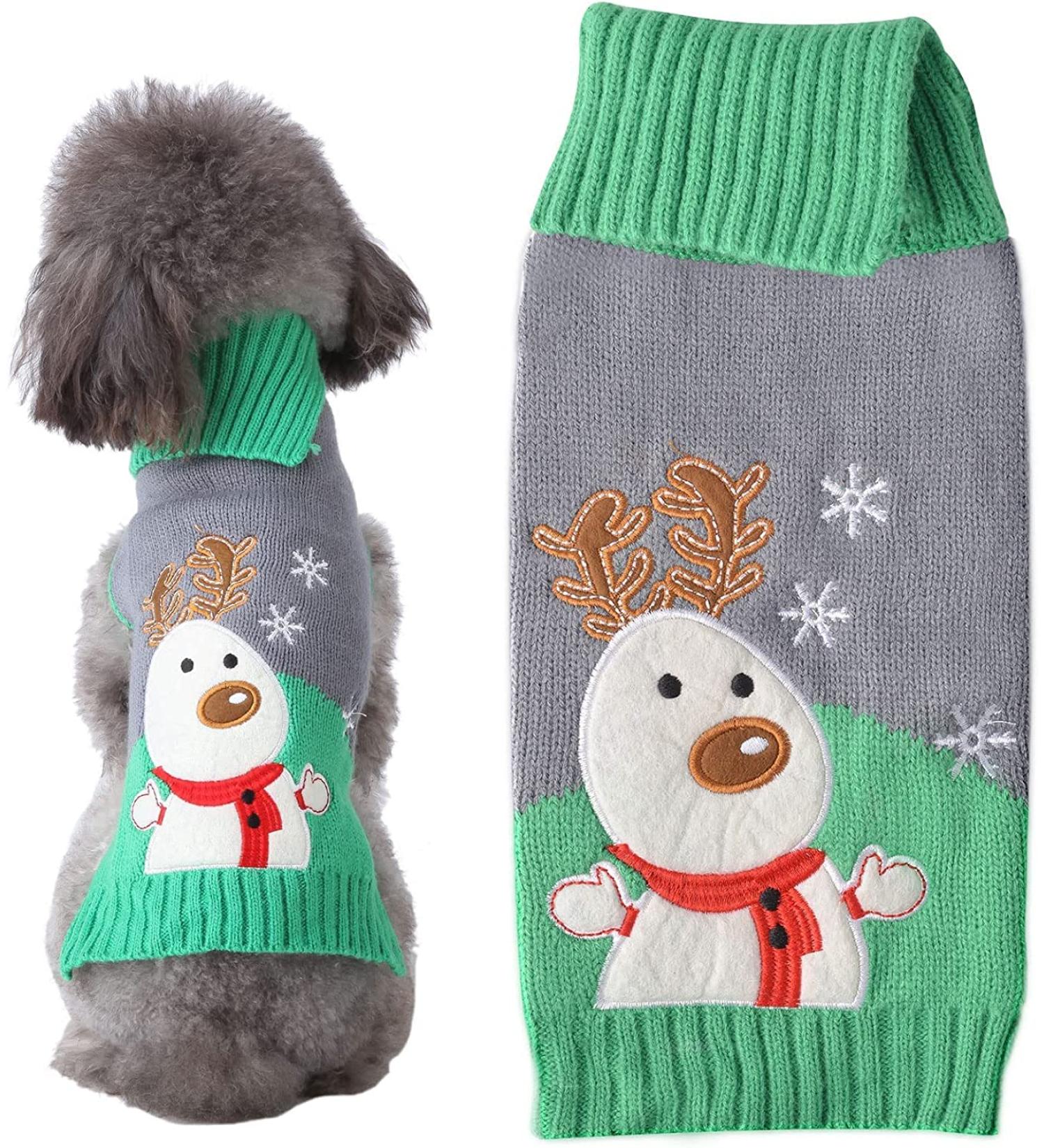 Christmas Dog Sweater - Warm Turtleneck Knitwear for Puppies | Festive Gray-Green Moose Design - Perfect Gift for Pets - Buy Online on GoSupps.com