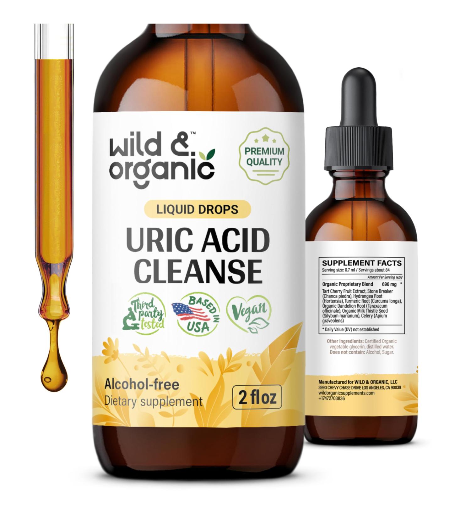 Wild & Organic Uric Acid Cleanse Drops - Tart Cherry & Chanca Piedra Supplement for Kidney Support & Detox - 2 oz Uric Acid Flush - Buy Online on GoSupps.com