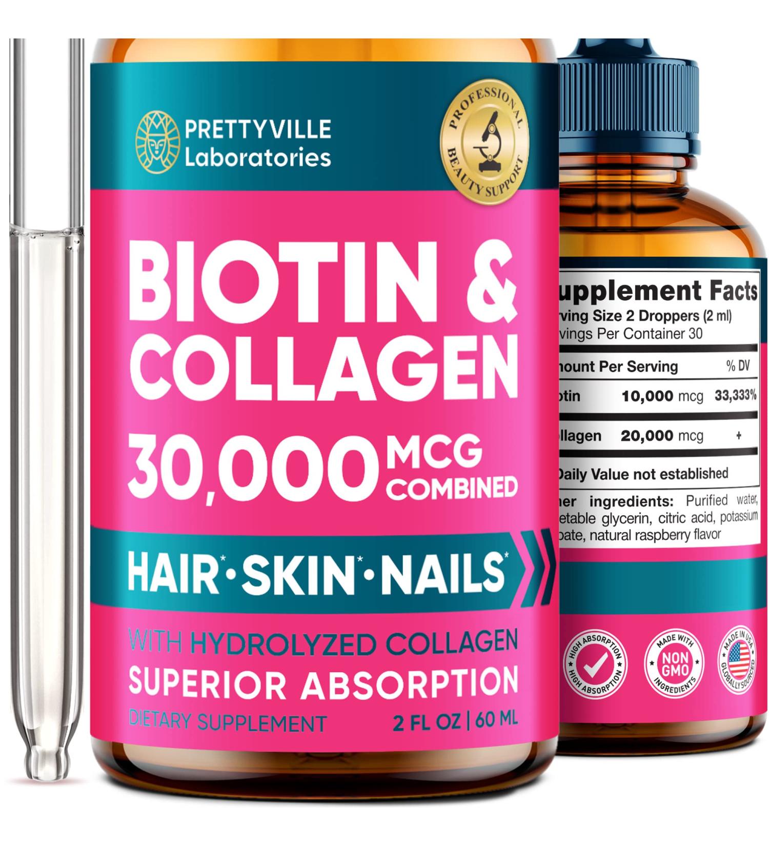 20000mcg Liquid Biotin & Collagen for Hair Growth - Stronger Hair, Nails, and Skin - Buy Online on GoSupps.com