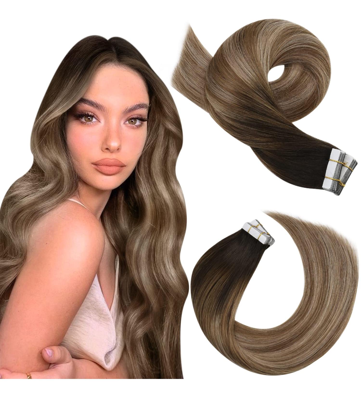 Moresoo Balayage Brown & Golden Blonde Tape in Human Hair Extensions 18 - 20 Pieces/50g | Dark Brown to Light Brown Ombre | #4/10/16 - Buy Online on GoSupps.com