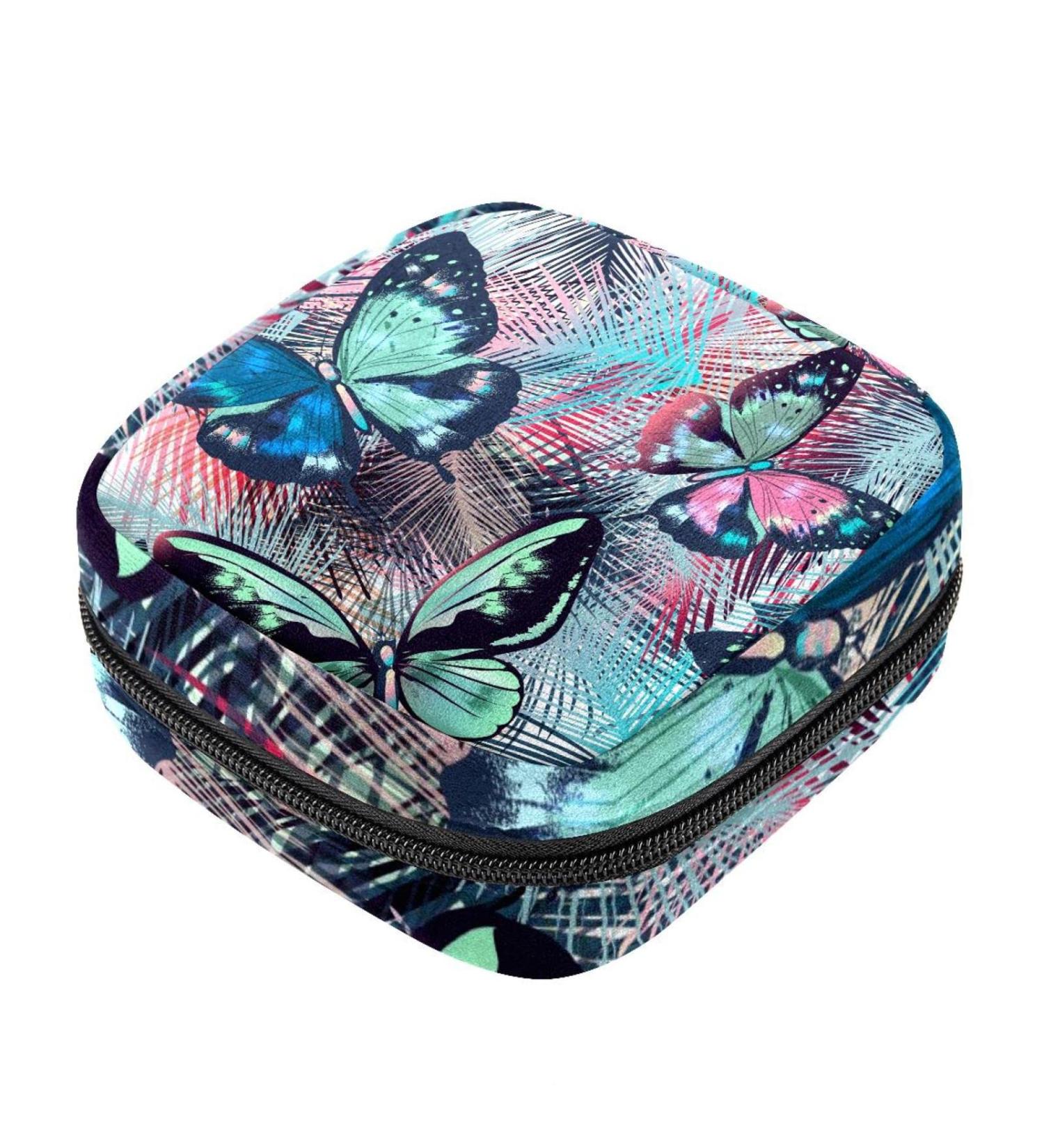 Menstruation Pad Bag with Zipper | Women's Napkin & Tampon Bag | Tropical Palm Leaves & Butterflies Design - Buy Online on GoSupps.com