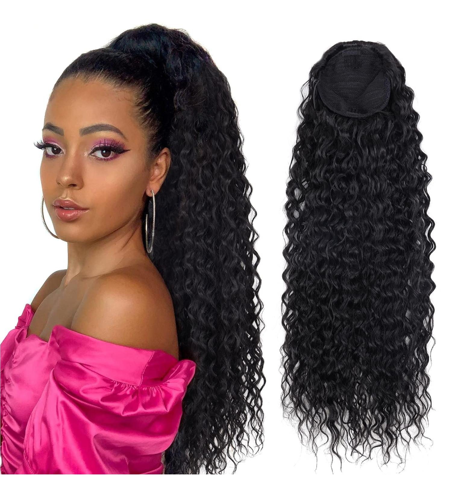 30 Inch Curly Drawstring Ponytail Extensions for Black Women - Natural Black 190g - Human Hair Feel - Thick & Natural Looking - Water Wave Long Ponytail with 2 Clips In - Synthetic Hairpiece - Buy Online on GoSupps.com