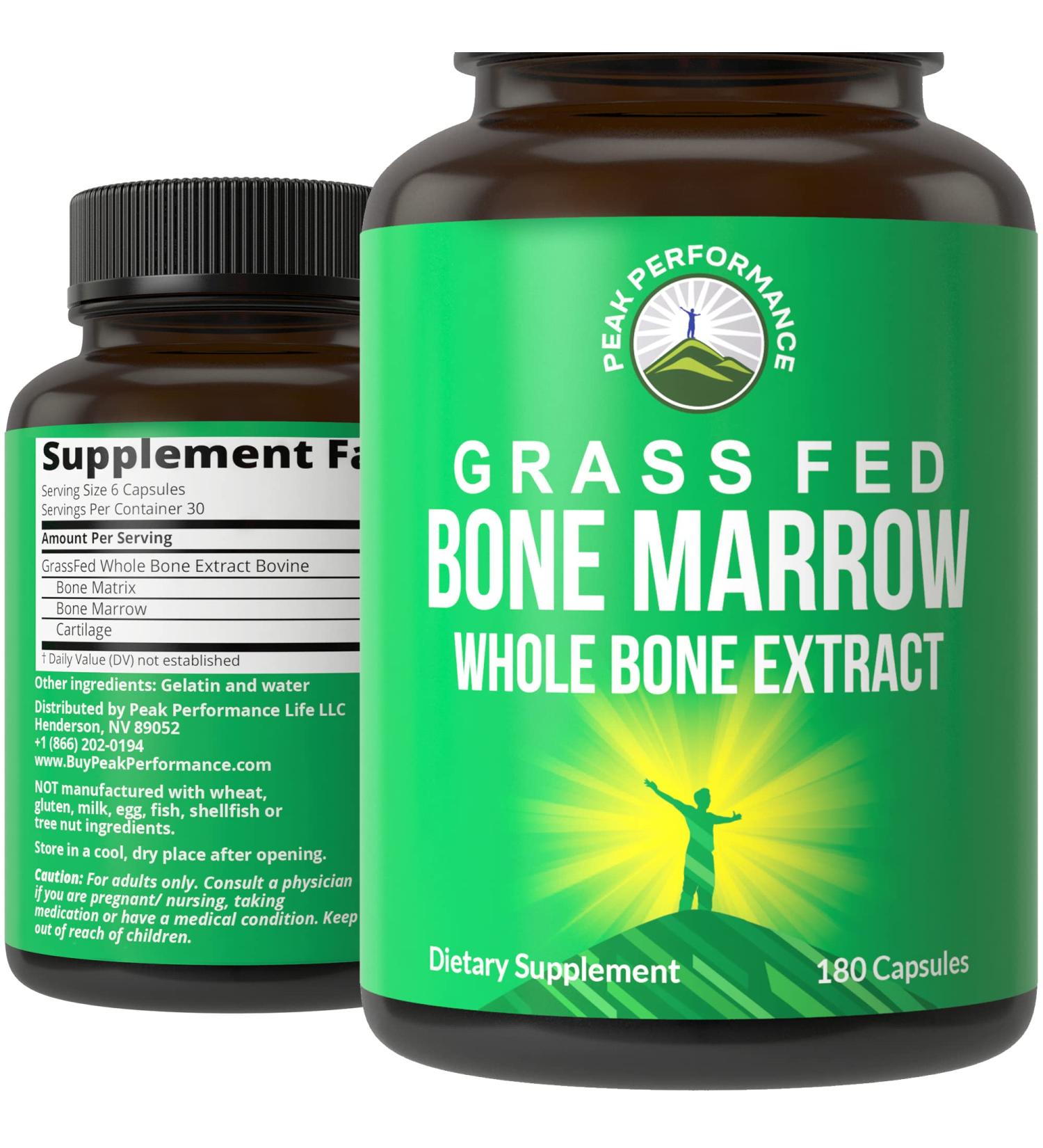 Grass Fed Bone Marrow Supplement - 180 Capsules by Peak Performance | Rich in Collagen, Vitamins, Amino Acids | Ancestral Superfood Pills from Bone Matrix, Marrow, Cartilage - Buy Online on GoSupps.com