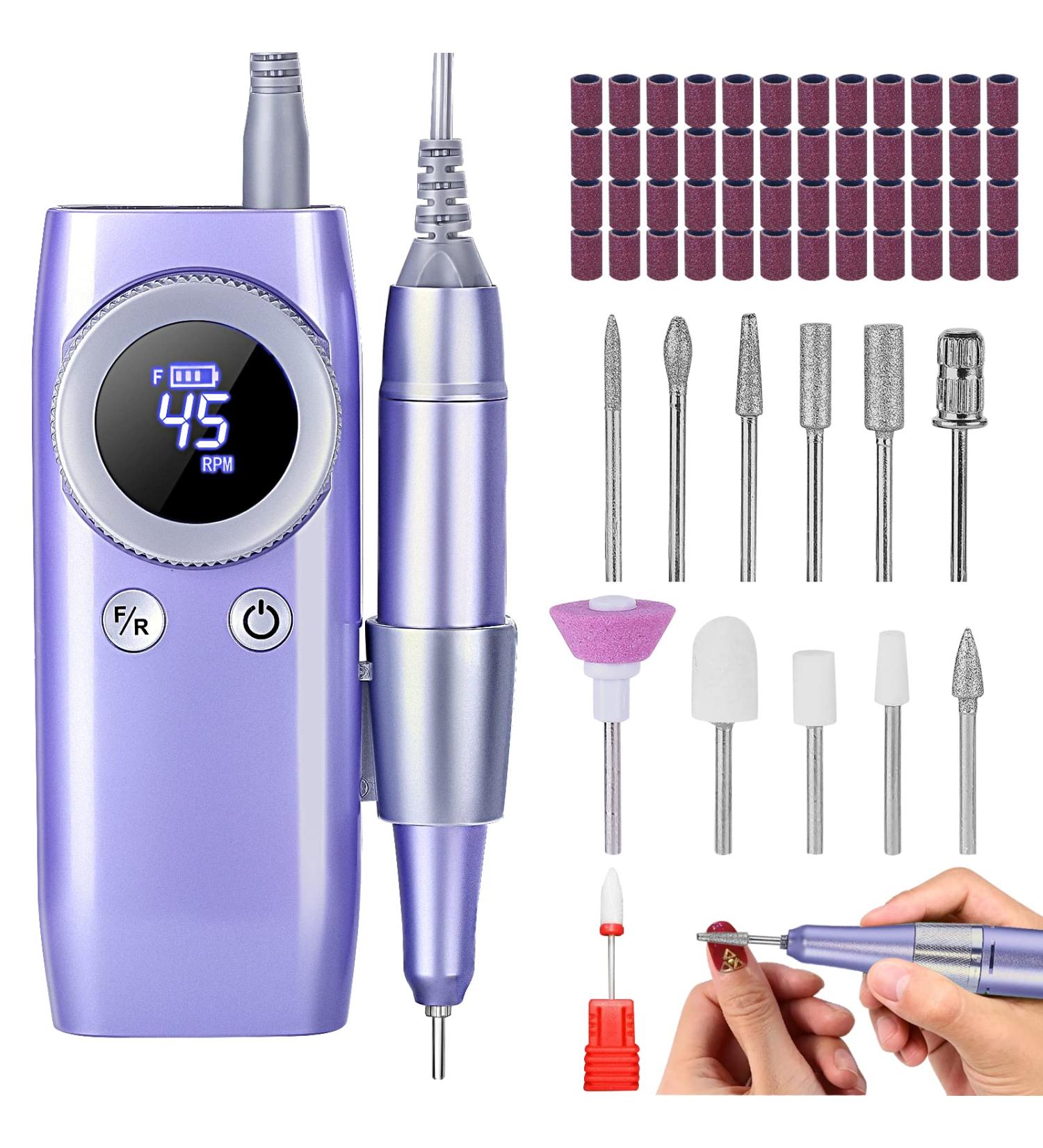 45000 RPM Rechargeable Electric Nail Drill for Acrylic Nails - Portable Cordless Efile with Bits Kit in Purple - Perfect for Manicure Salon or Home Use - Buy Online on GoSupps.com