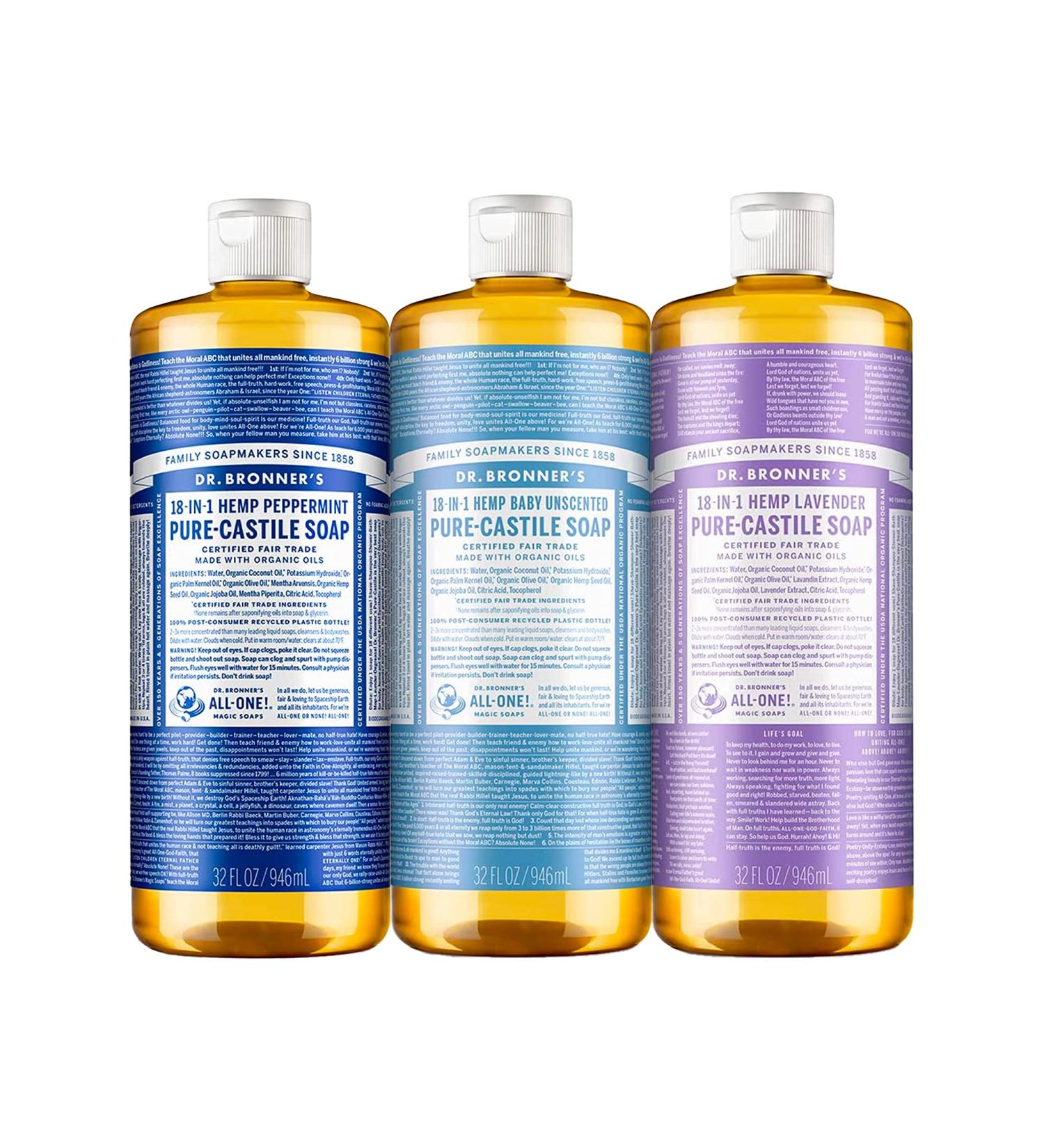 Dr. Bronner's 32oz Liquid Soap Variety Pack - Peppermint, Baby Unscented, Lavender | Organic Oils, 18-in-1 Uses, Concentrated, Vegan | Face, Body, Hair, Laundry - Buy Online on GoSupps.com