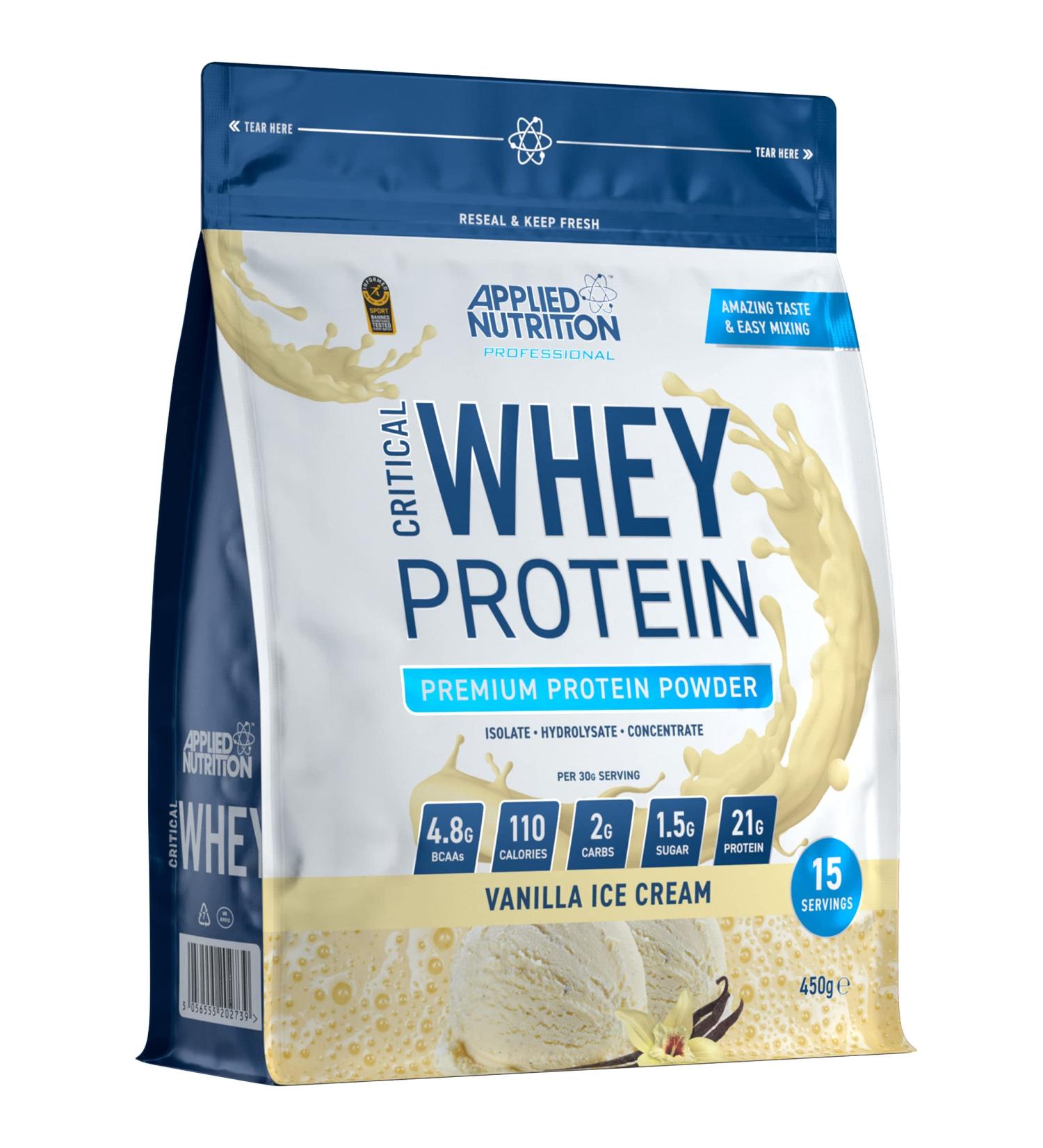 Applied Nutrition Critical Whey Protein Powder 450g - High Protein Milkshake with BCAAs & Glutamine - Muscle Building Supplement - Vanilla Flavor - 15 Servings - Buy Online on GoSupps.com