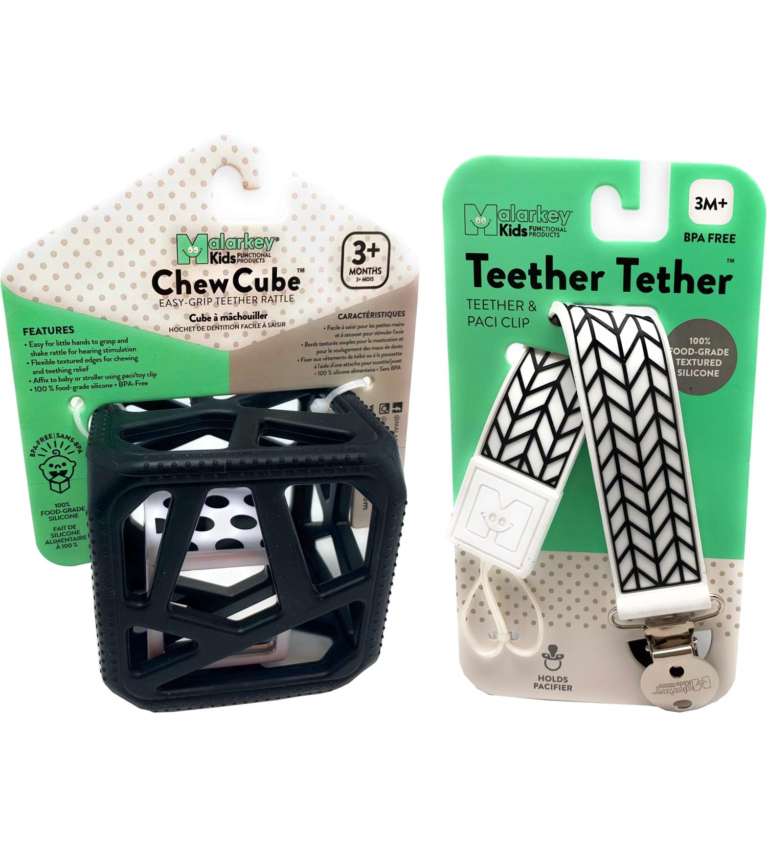 Malarkey Kids Chew Cube Baby Toy with Teether Tether - Black | BPA Free Silicone Rattle Teether for Aching Gums - Buy Online on GoSupps.com