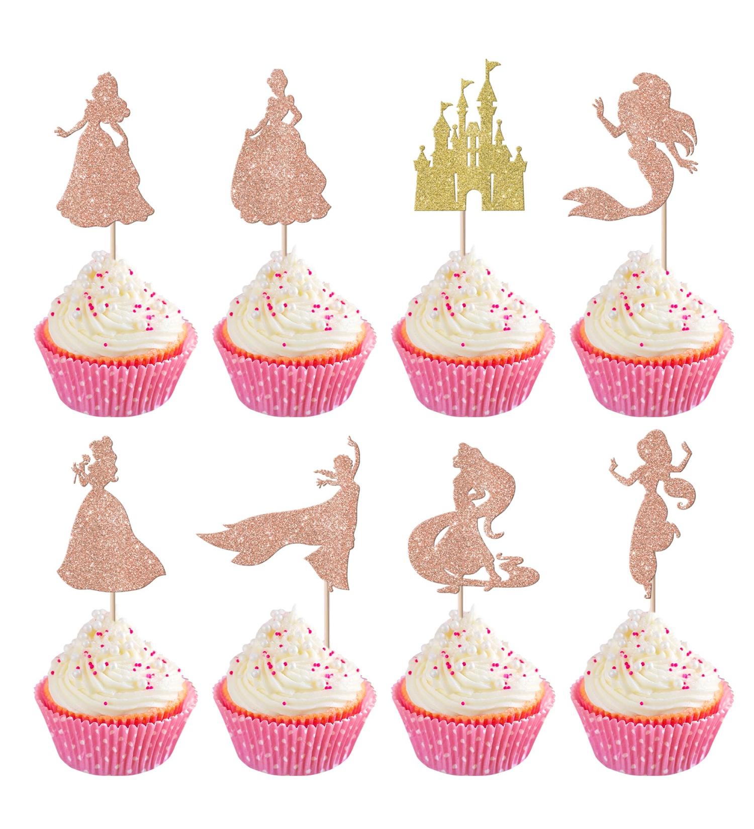 Rsstarxi 24 Pack Mermaid Birthday Cupcake Toppers Glitter Castle Girl Birthday Princess Cupcake Picks Decorations for Princess Mermaid Theme Baby Shower Birthday Party Cake Decorations Rose Gold Design 3 Rose Gold