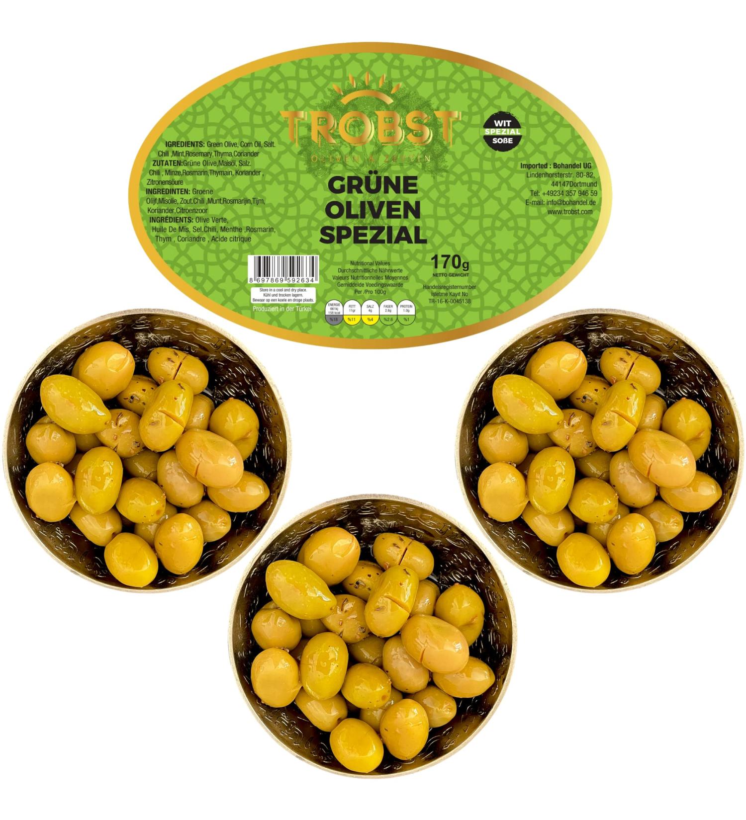Trobst 3 Pack Green Olives Special with stone real green blackboard naturally matured and fermented aromatic (3x170 gr) 3x170 G green olive special