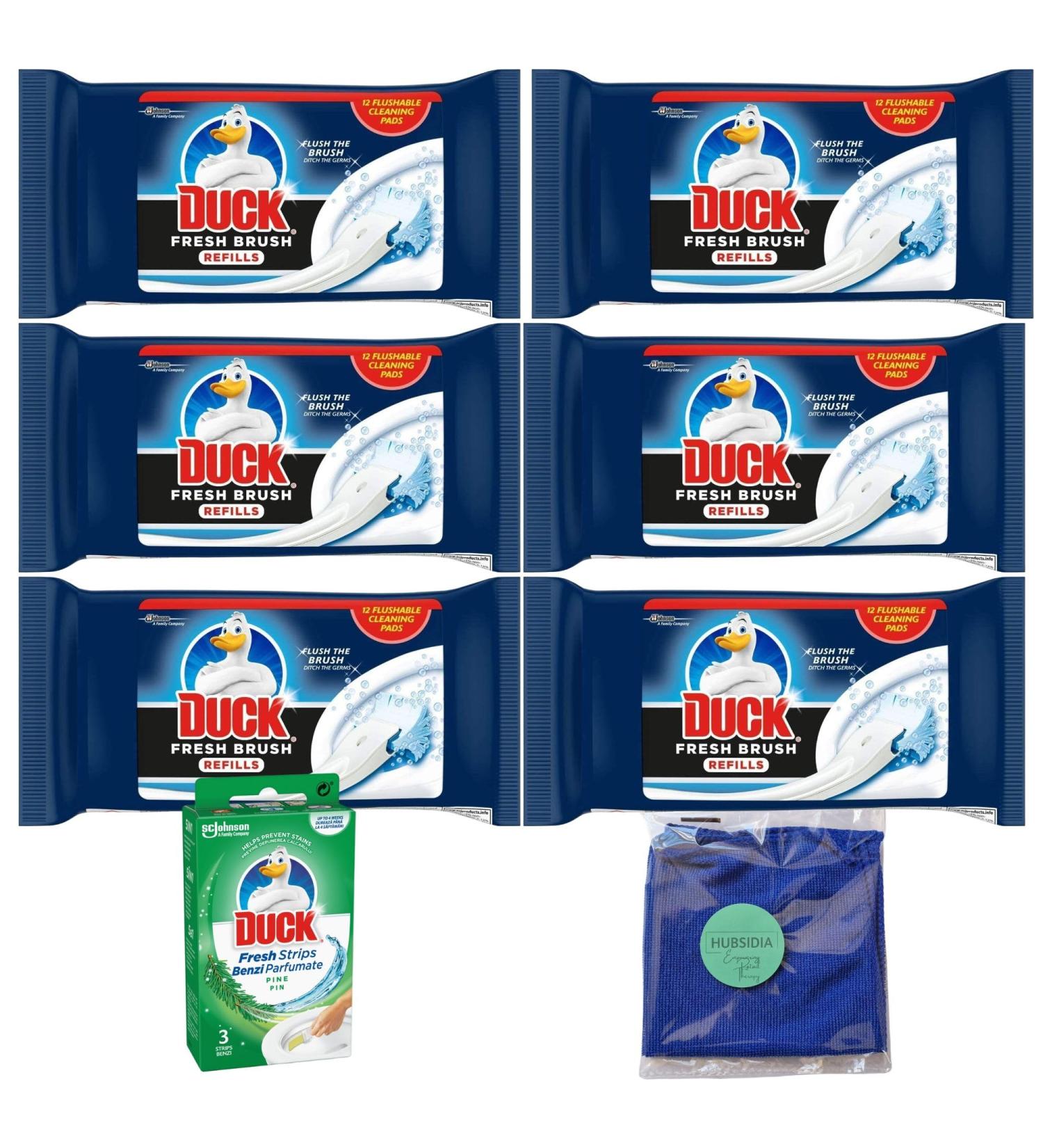 6 x Duck Fresh Brush Refills(6 Packs 72 Flushable Cleaning Pads) with 1x Toilet Duck Fresh Strips Pine(3 Strips) and 1x Hubsidia Microfibre Cloth - Buy Online on GoSupps.com