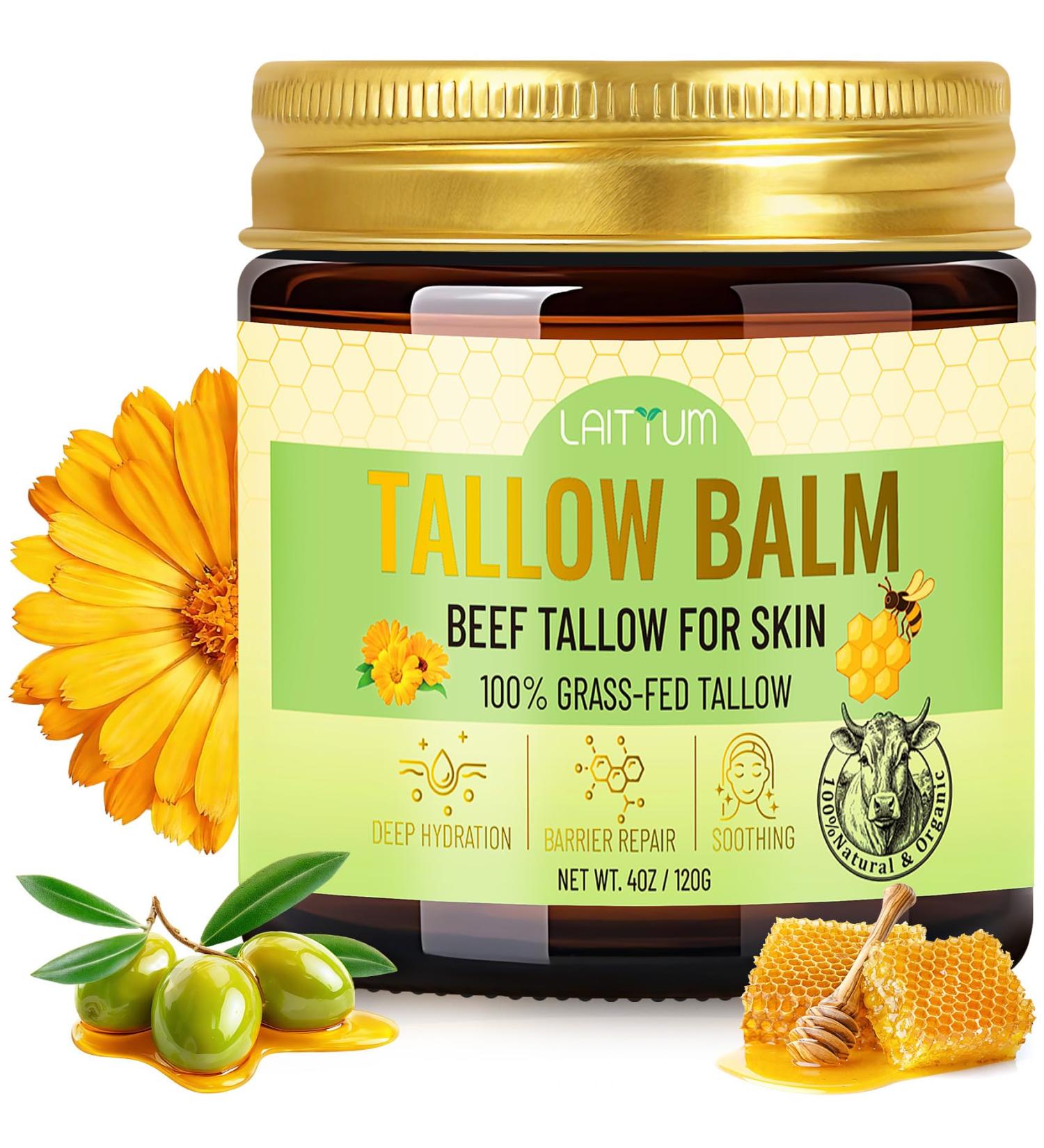 LAITYUM Beef Tallow for Skin -4oz Organic Tallow and Honey Balm for Face Moisturizer 100% Grass Fed Beef Tallow Cream Natural Whipped Tallow Balm Deeply Nourishment for Body Dry Cracked Sensitive Skin - Buy Online on GoSupps.com
