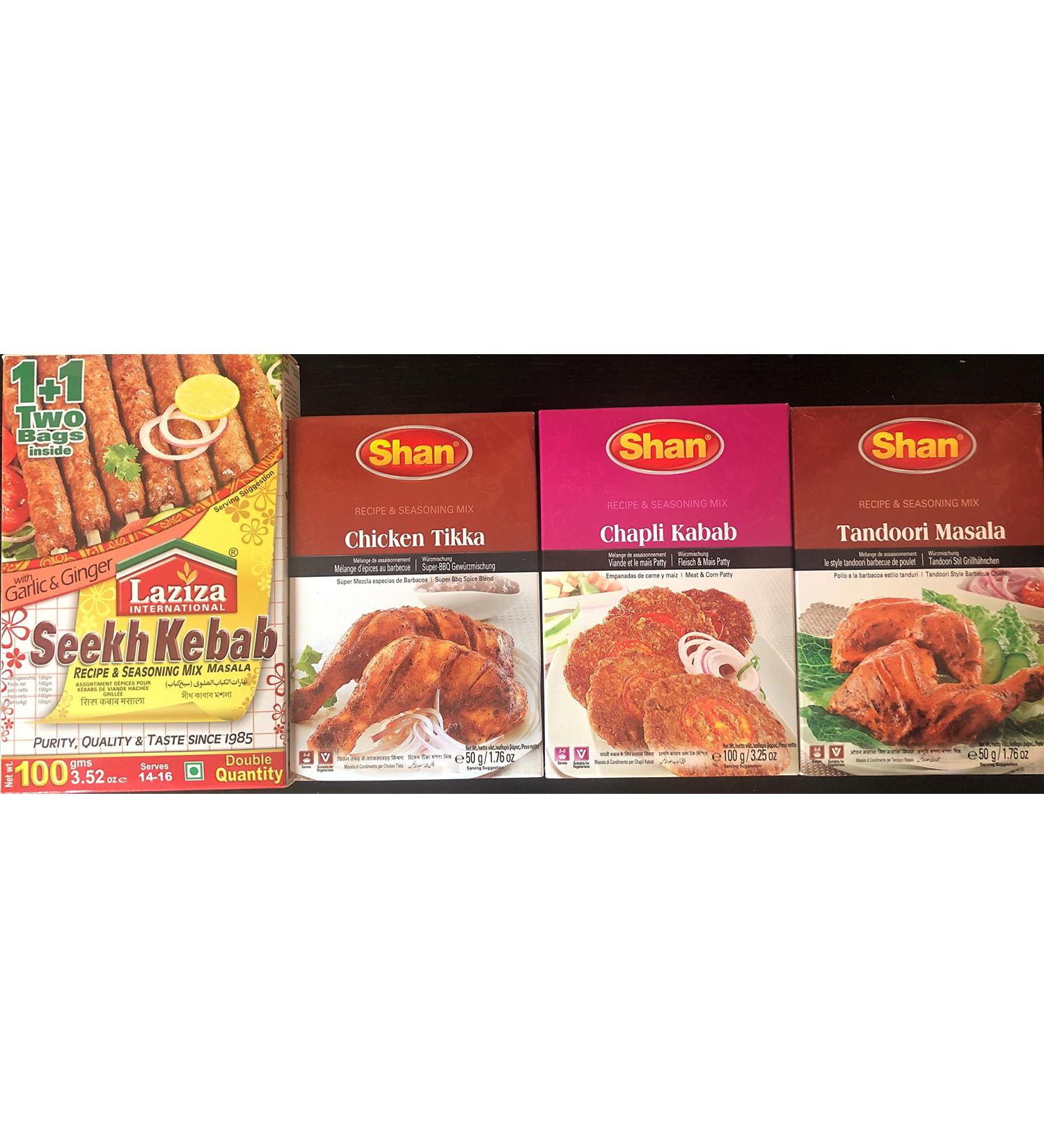 Laziza BBQ Seasoning Rubbing Spice or Marinade Set - Ultimate Selection of 4 Flavours - Sheek Kebab Tikka Chapli Kebab and Tandoori Masala - (300g Total)