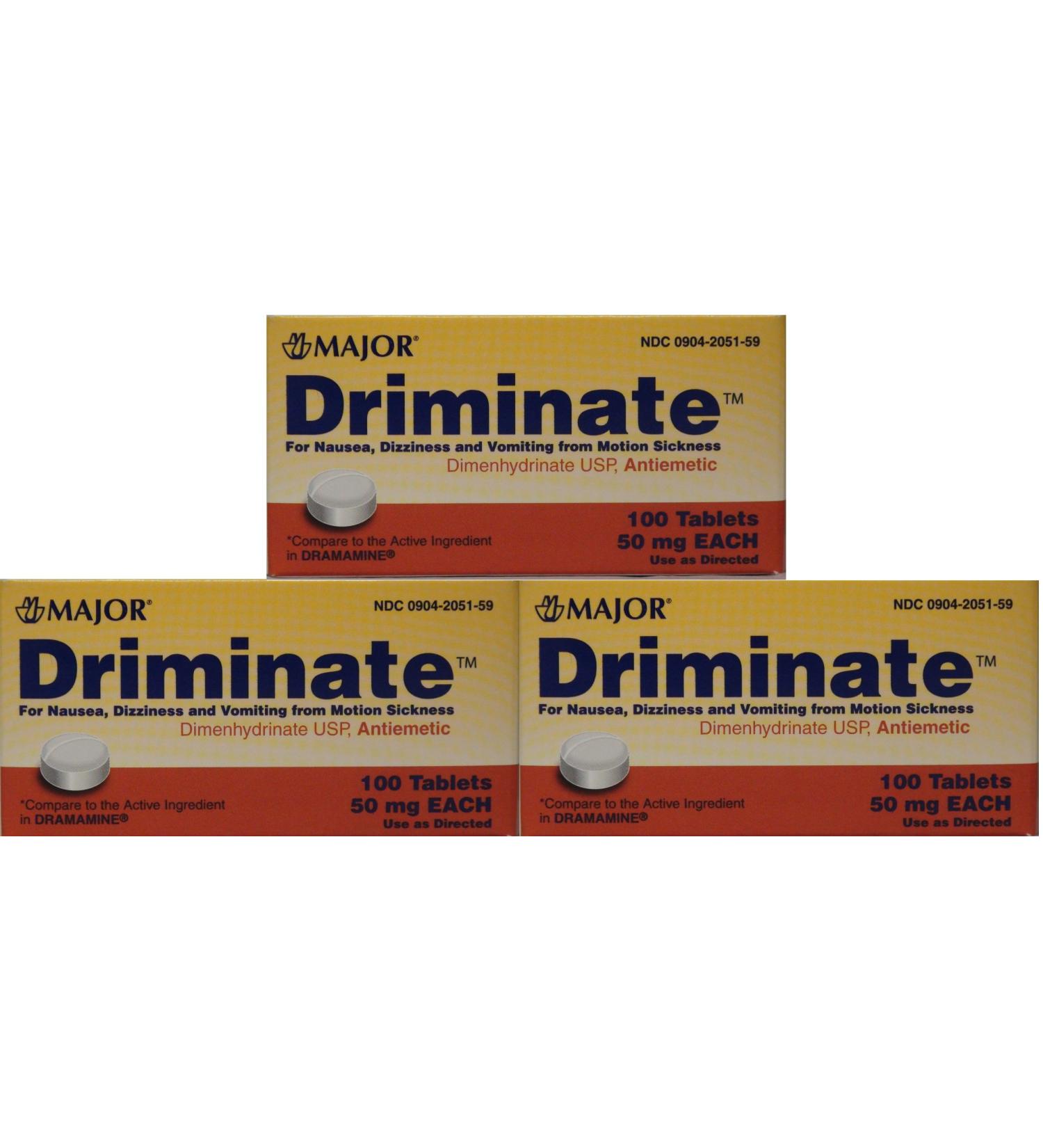 Driminate Generic for Dramamine Motion Sickness 50 mg Anti Nausea 100 ea PACK of 3