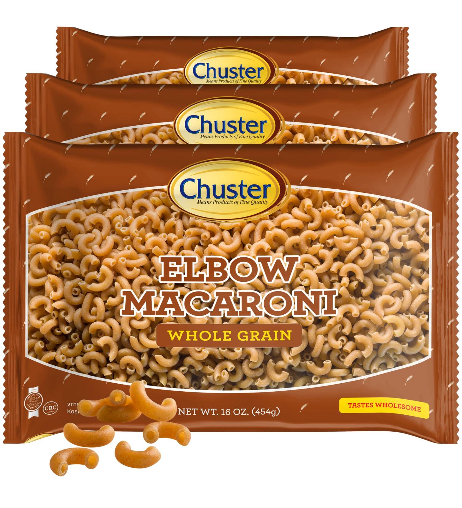 Chuster Whole Grain Elbow Macaroni Noodles - High Fiber and Vitamin-Rich Pasta | Low Calorie, Carb, and Fat | Cooks in 15 Mins | Low Sodium, Kosher Pareve | 16 oz 3 Pack - Buy Online on GoSupps.com