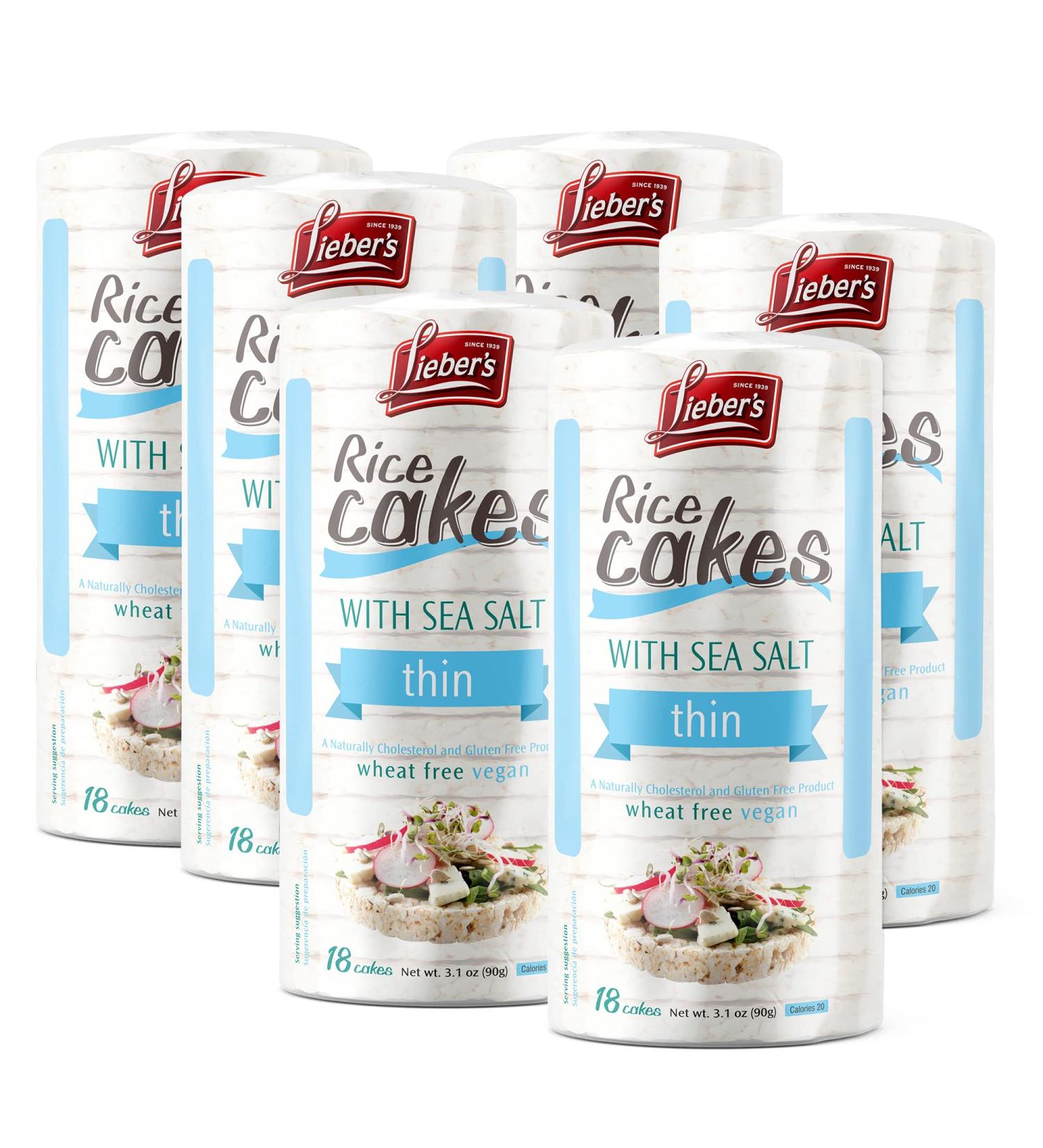 Lieber's Thin Rice Cakes 6 Pack - Kosher Certified, Dairy Free, Wheat Free, Gluten Free, Vegan Options - Sea Salt Flavor - Buy Online on GoSupps.com