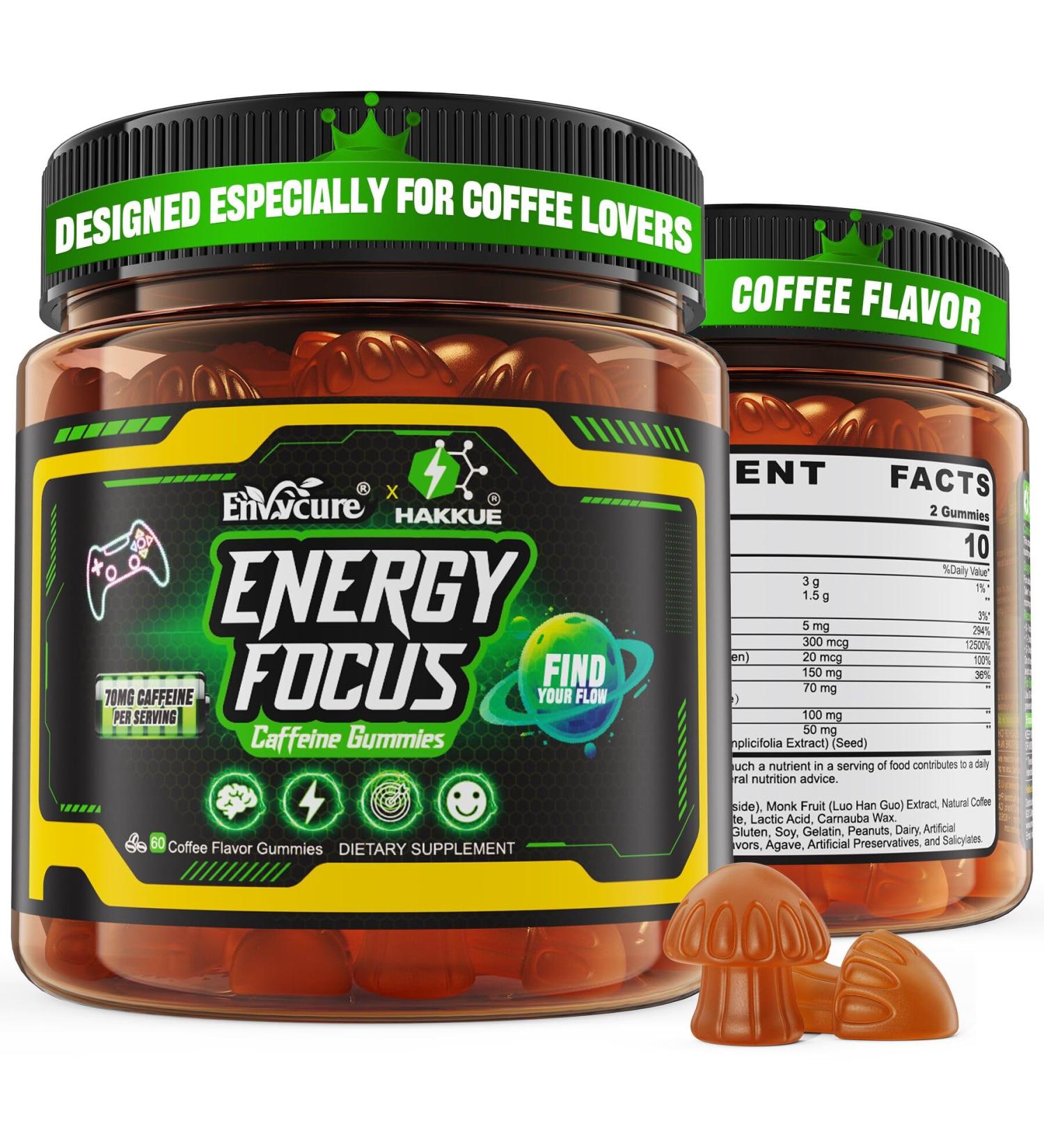 Neuro-Balanced Energy Caffeine Gummies, Hakkue Nootropic Brain Supplement with 5-HTP, L-Tryptophan, Magnesium & Vitamins B6B12D Coffee Flavor, Crash-Free for Work, Study & Daily Productivity, 60cts 60 Count (Pack of 1) - Buy Online on GoSupps.com