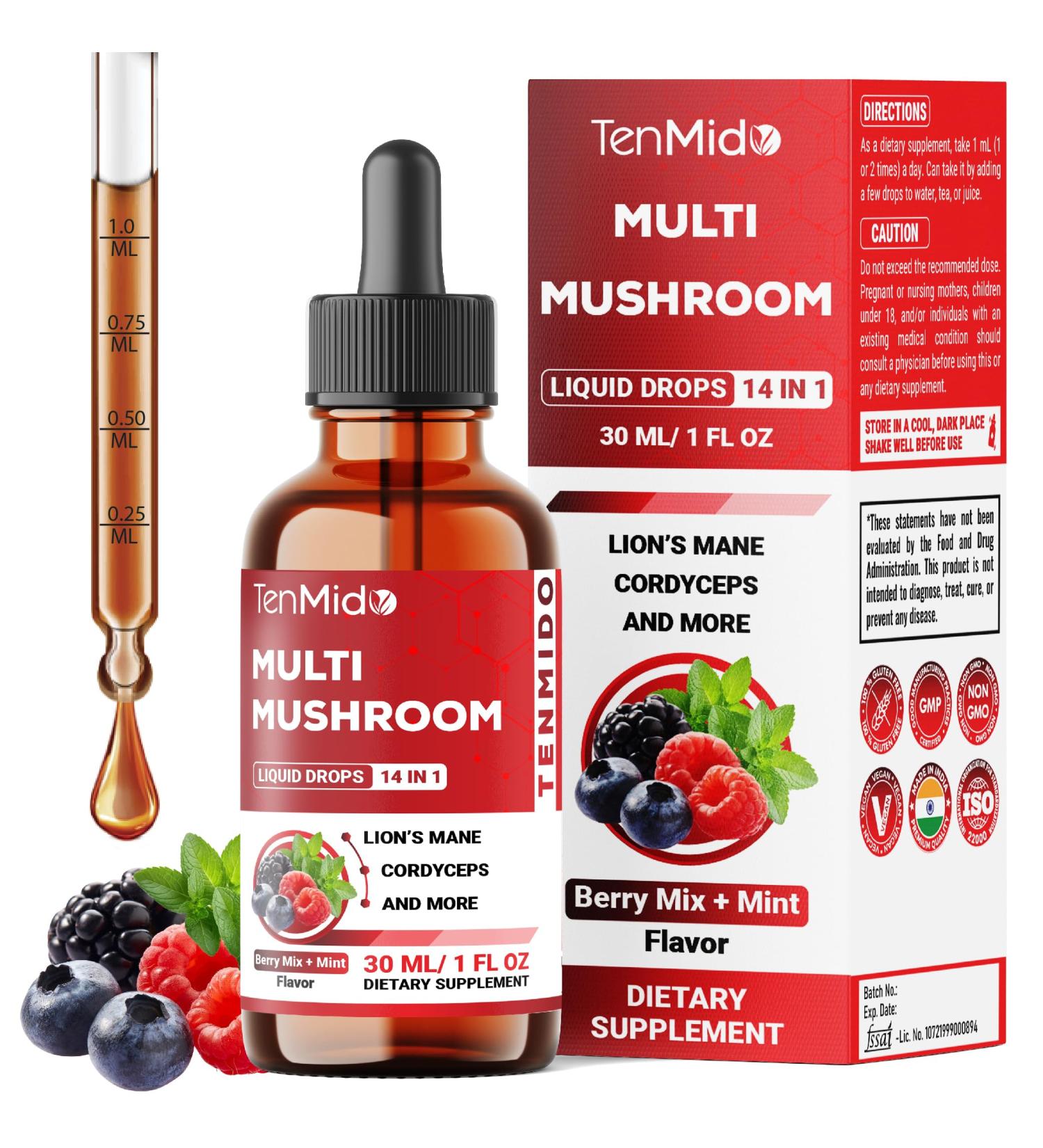 Tenmido Mushroom Complex - Herbal Liquid Drops - 14in1 with Lions Mane Cordyceps Reishi Turkey Chaga Shiitake Ashwagandha Bacopa Gotu Kola and More - 30ml 1 Fl Oz - Buy Online on GoSupps.com
