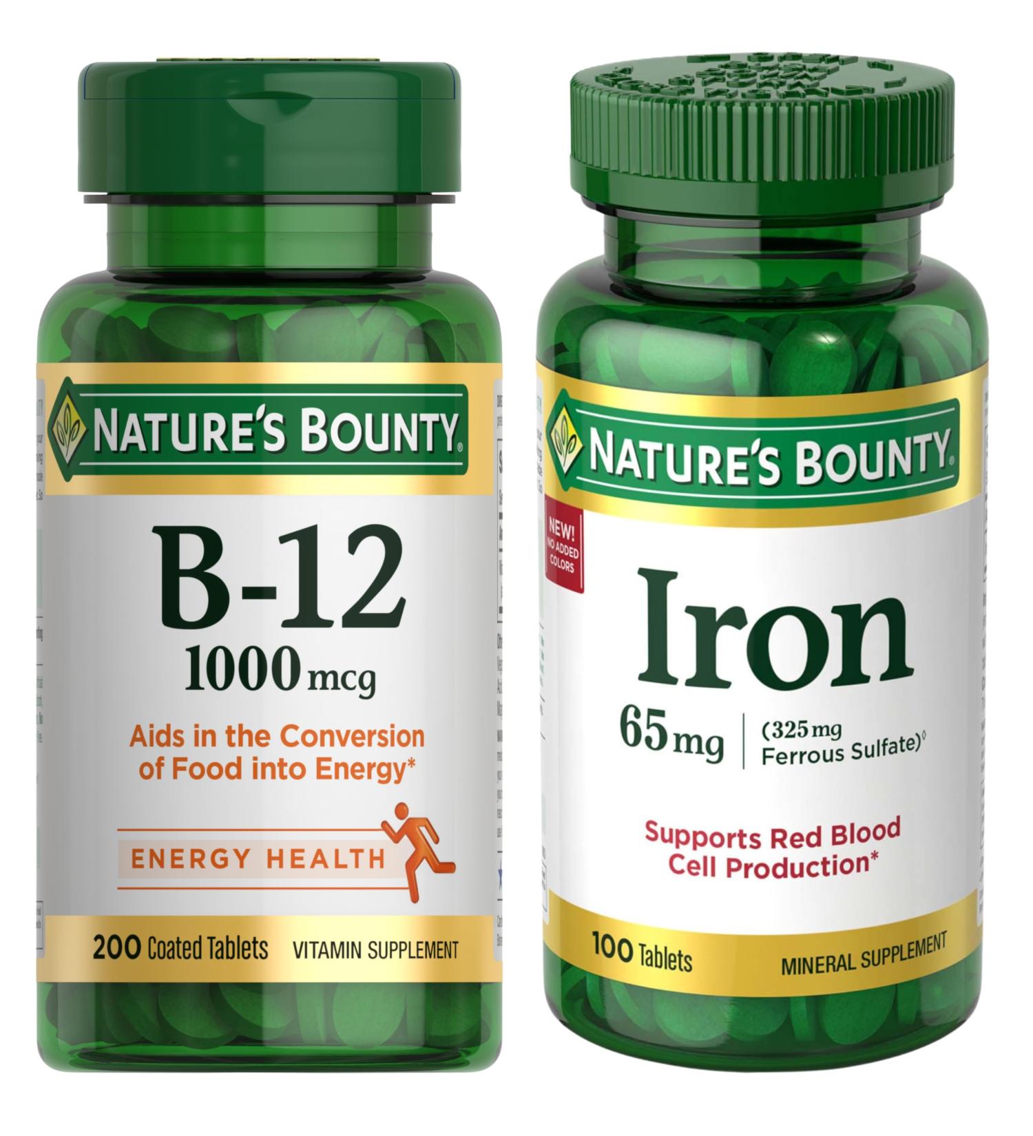Nature's Bounty Energy & Vitality Bundle: Vitamin B12 1000 Mcg Supplements (200 Count) for Energy Metabolism + Iron 65 Mg Tablets (100 Count) for Cellular Energy & Red Blood Cell Support - Buy Online on GoSupps.com