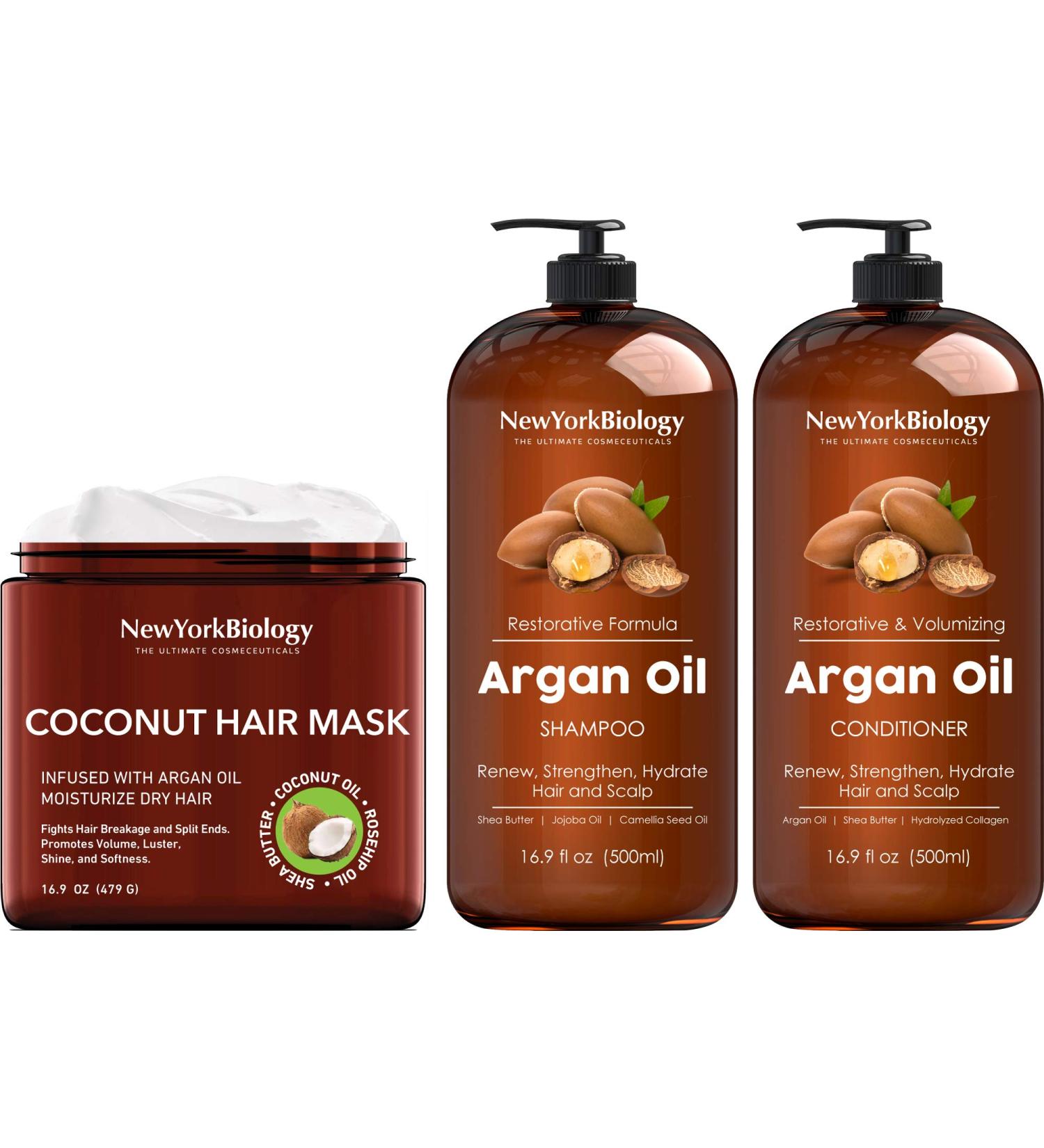 New York Biology Moroccan Argan Oil Shampoo and Conditioner + Coconut Hair Mask - Hair Growth & Volume - Moisturizing & Volumizing - All Hair Types - Buy Online on GoSupps.com