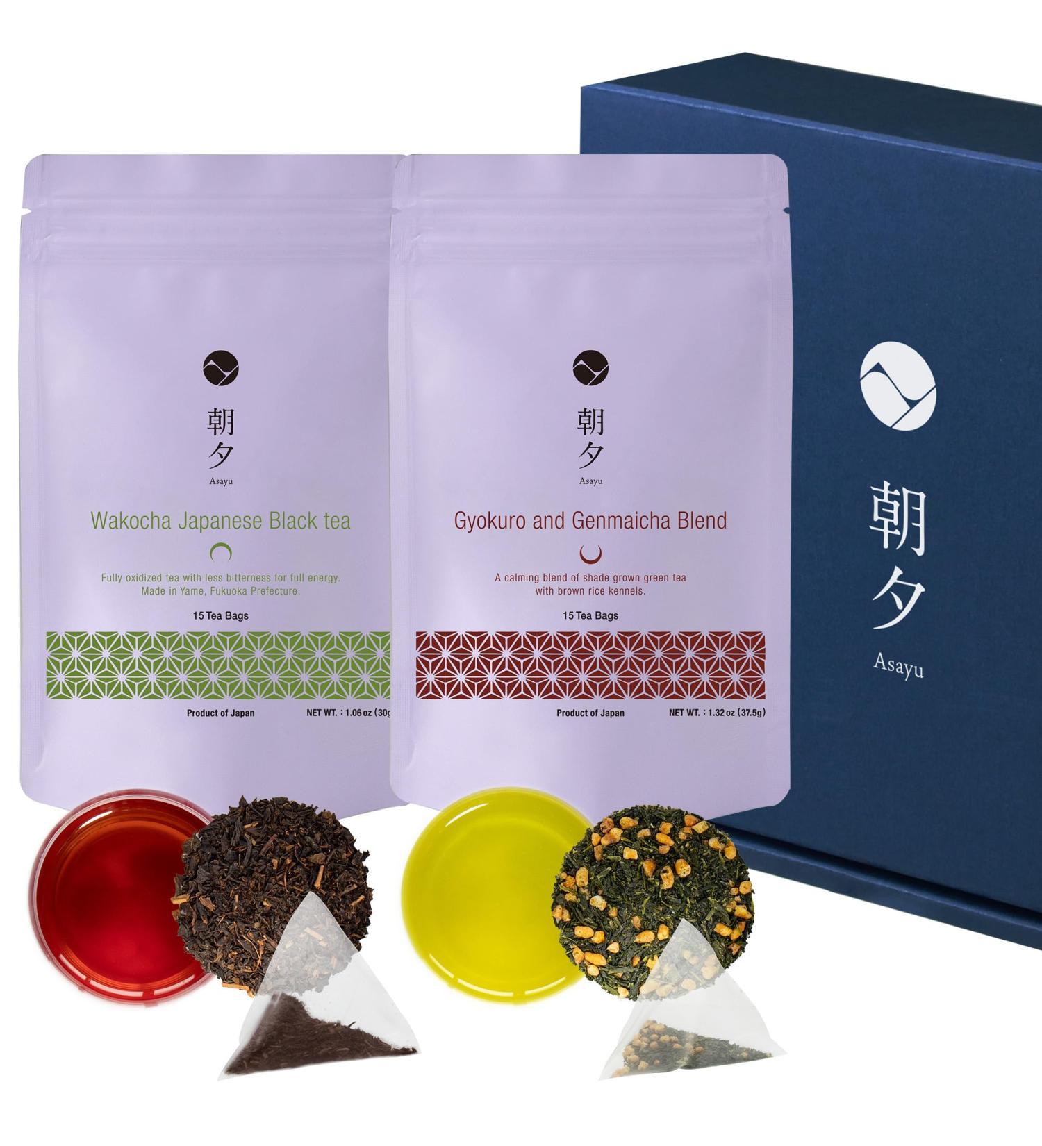 Asayu Japan Green - Timeless Brew Gift Set (Wakocha and Genmaicha with Gyokuro) 30 Tea Bags 100% Made in Japan Japanese Black Tea and Roasted Brown Tea with Gyokuro Powder - Timeless Brew Japanese Tea Set - Buy Online on GoSupps.com