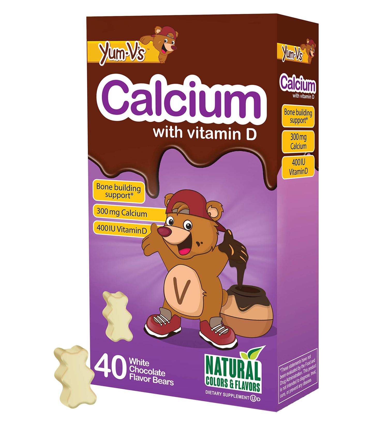 Yum-V's Kids Calcium Chews with Vitamin D - White Chocolate Bears - 300mg Calcium + 400iu Vitamin D3 - Bone & Teeth Support for Children - 40 Count - Buy Online on GoSupps.com
