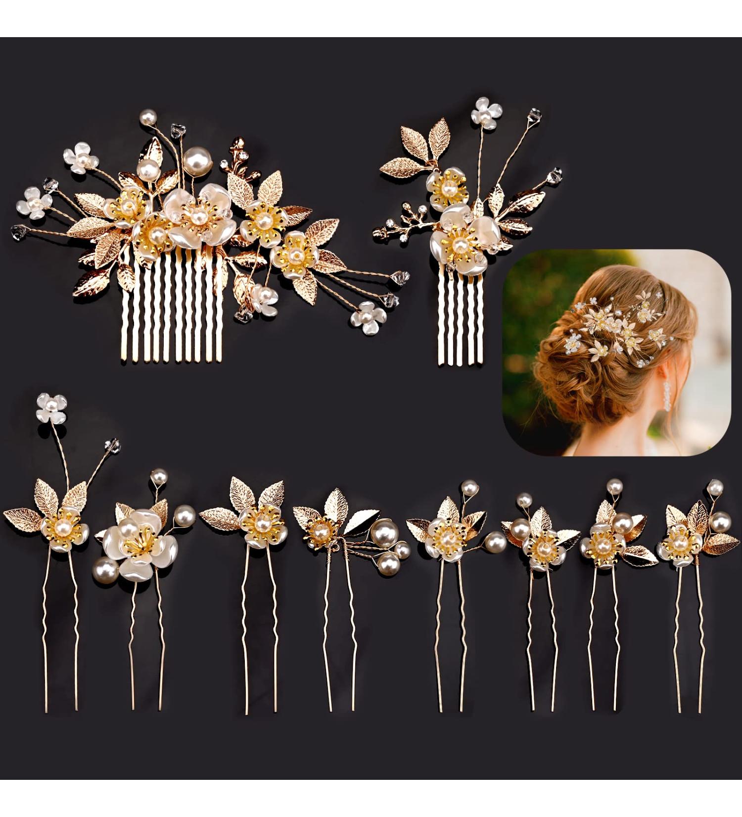 10 Piece Gold Leaf Hair Jewelry Set for Weddings | Bride & Bridesmaid Accessories | Retro Hair Pins & U-Shaped Clips - Buy Online on GoSupps.com