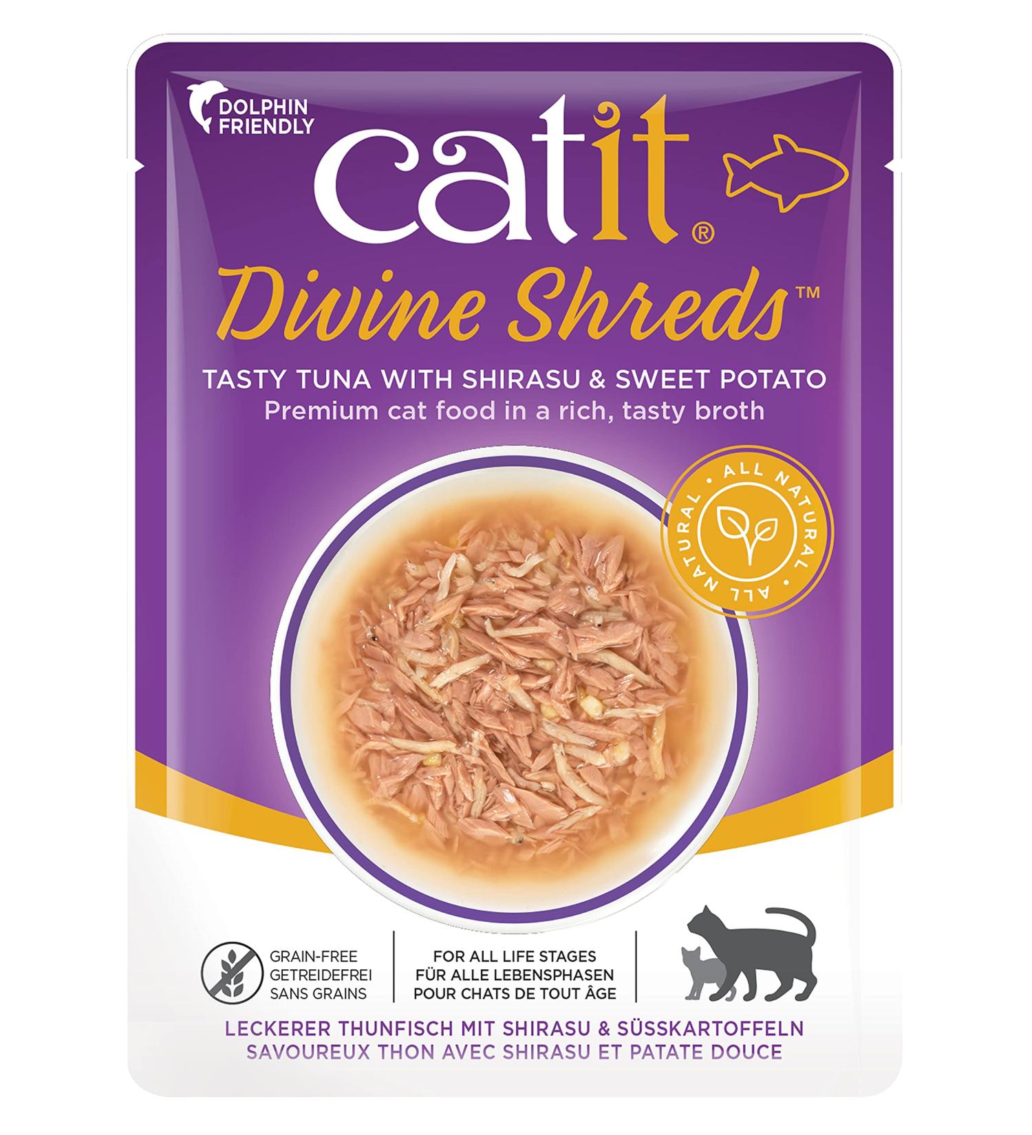 Catit Divine Shreds Premium cat food dry food topping topping for dry food with tuna with shirasu and sweet potatoes 1 -pack 75g tuna with Shirasu and Sueßkarkteln 77 g (1 Pack)