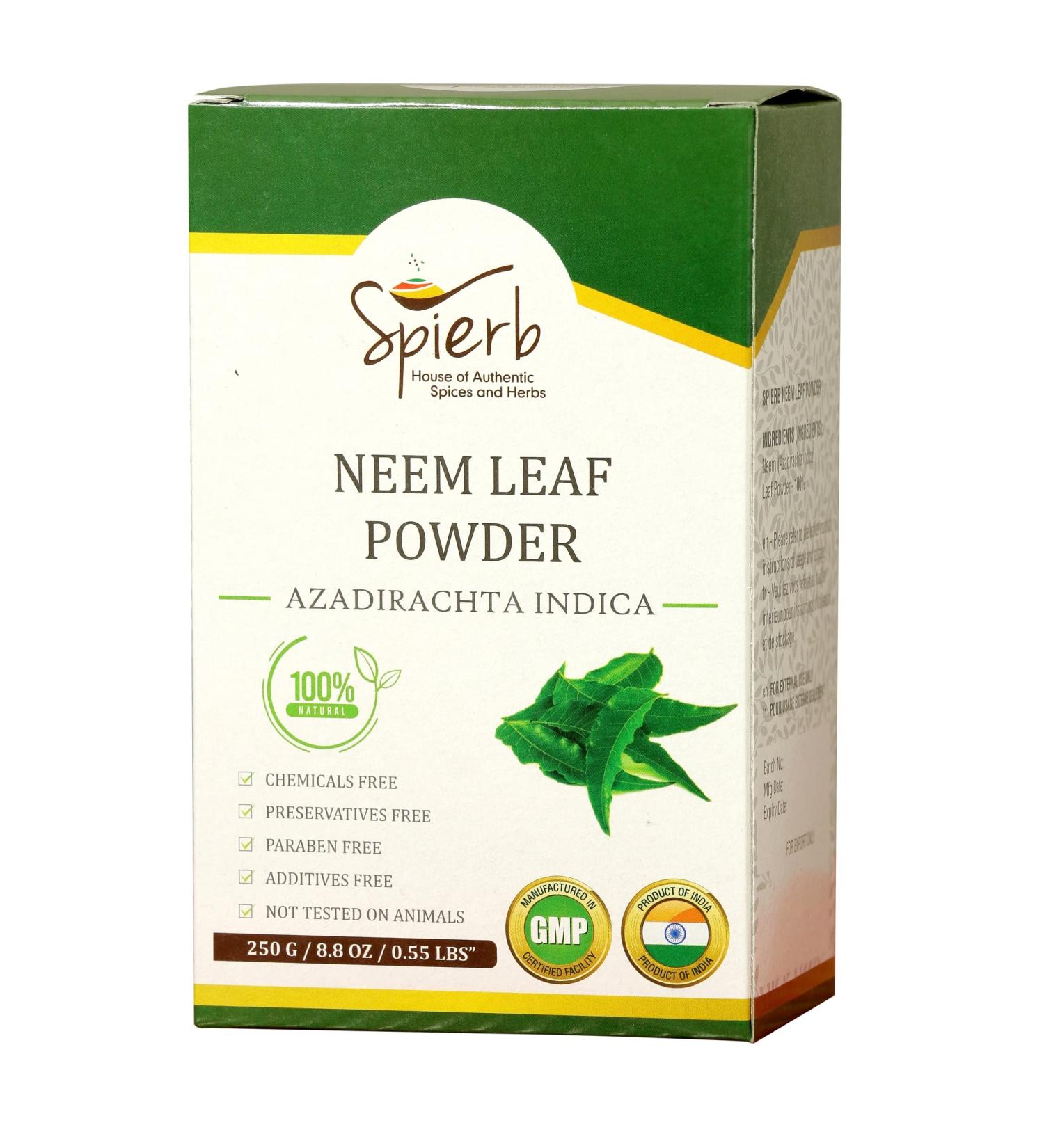 Spierb Herbal Neem Leaf Powder 250gm - Wild Crafted Green Neem Powder for Skin, Blood, and Detox - 100% Pure Azadirachta Indica Ayurvedic Herb - Buy Online on GoSupps.com