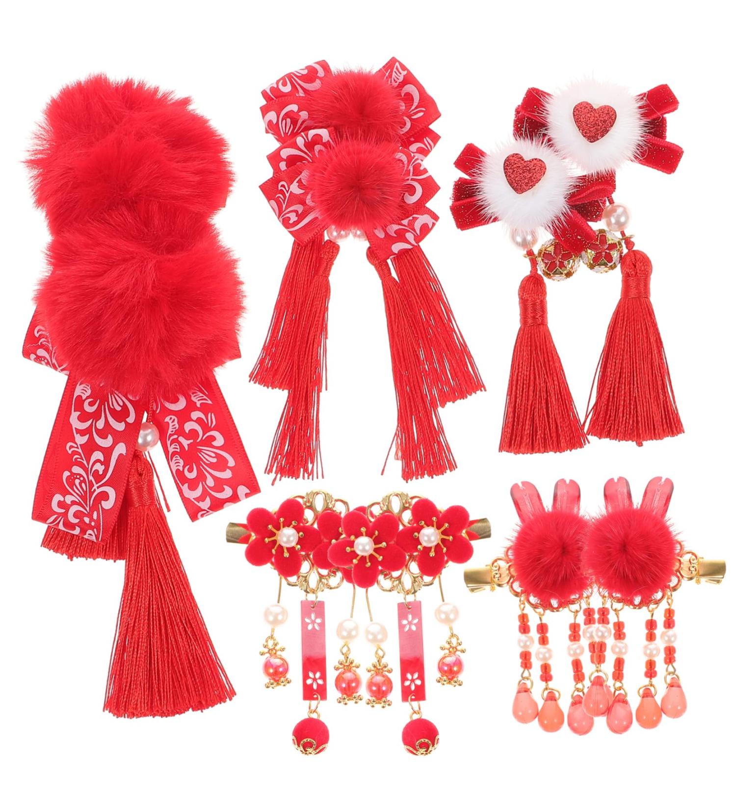 minkissy 5 Pairs Antique Red Hairpin Tassel Hair Accessories Furry Balls Hair Clip Chinses Spring Festival Headdress Pom Pom Tassels Hair Clips Barrettes Flower Hair Hairy Cloth Child - Buy Online on GoSupps.com