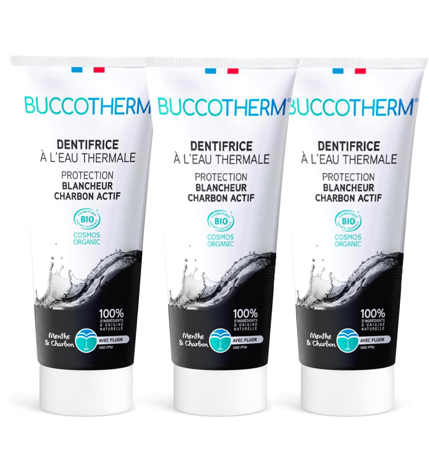 BUCCOTHERM | Whitening Protection Toothpaste with Activated Charcoal | Restores teeth to their natural whiteness | Certified Organic - 100% natural ingredients - Mint flavor | Pack of 3x75 ml - Buy Online on GoSupps.com