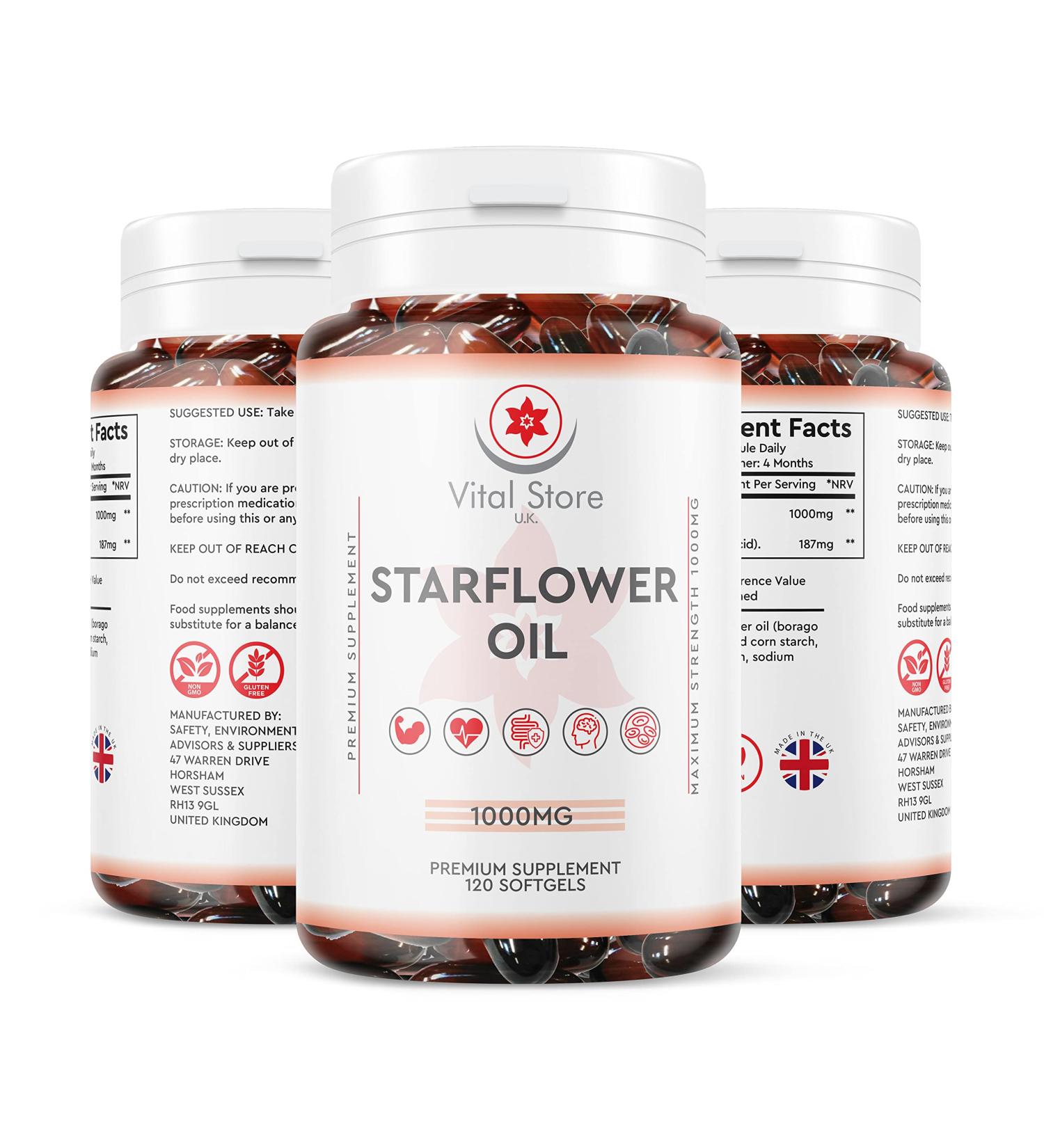 Starflower Oil Capsules 1000MG - 120 Soft Gels | Borage Oil with Gamma Linolenic Acid | Vegan High Strength Formula - Buy Online on GoSupps.com