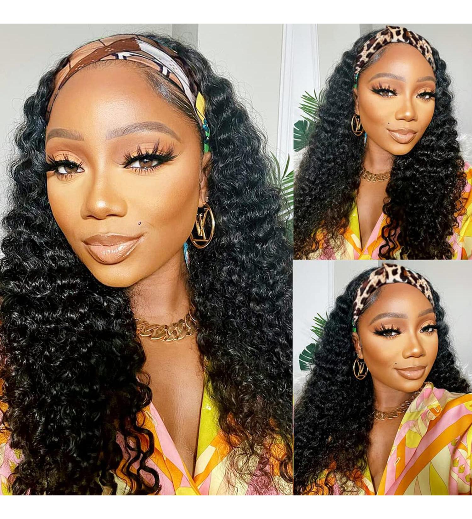 IVCoco Deep Curly Headband Wig 20 10A Grade Brazilian Human Hair 180% Density Natural Color - Pack of 1 | Machine Made for Black Women - Buy Online on GoSupps.com